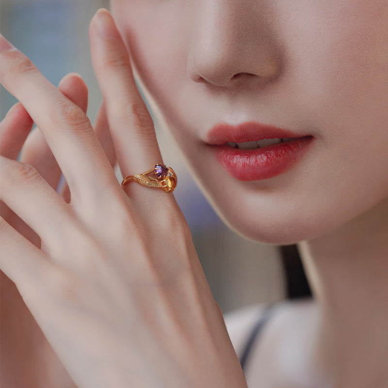 Amethyst and Citrine Leaf Vine Two Stone Ring for Women - Elegant Bohemian Jewelry - Perfect for Weddings, Parties & Everyday Wear