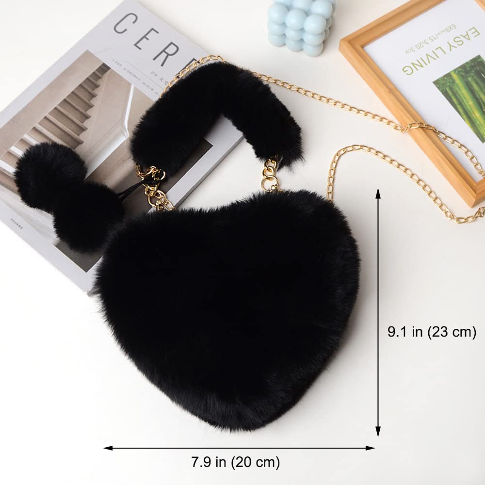 Rejolly Fluffy Faux Fur Heart Shaped Handbag for Women & Girls - Soft Small Shoulder Bag Clutch Purse for Parties, Dates & Casual Outings