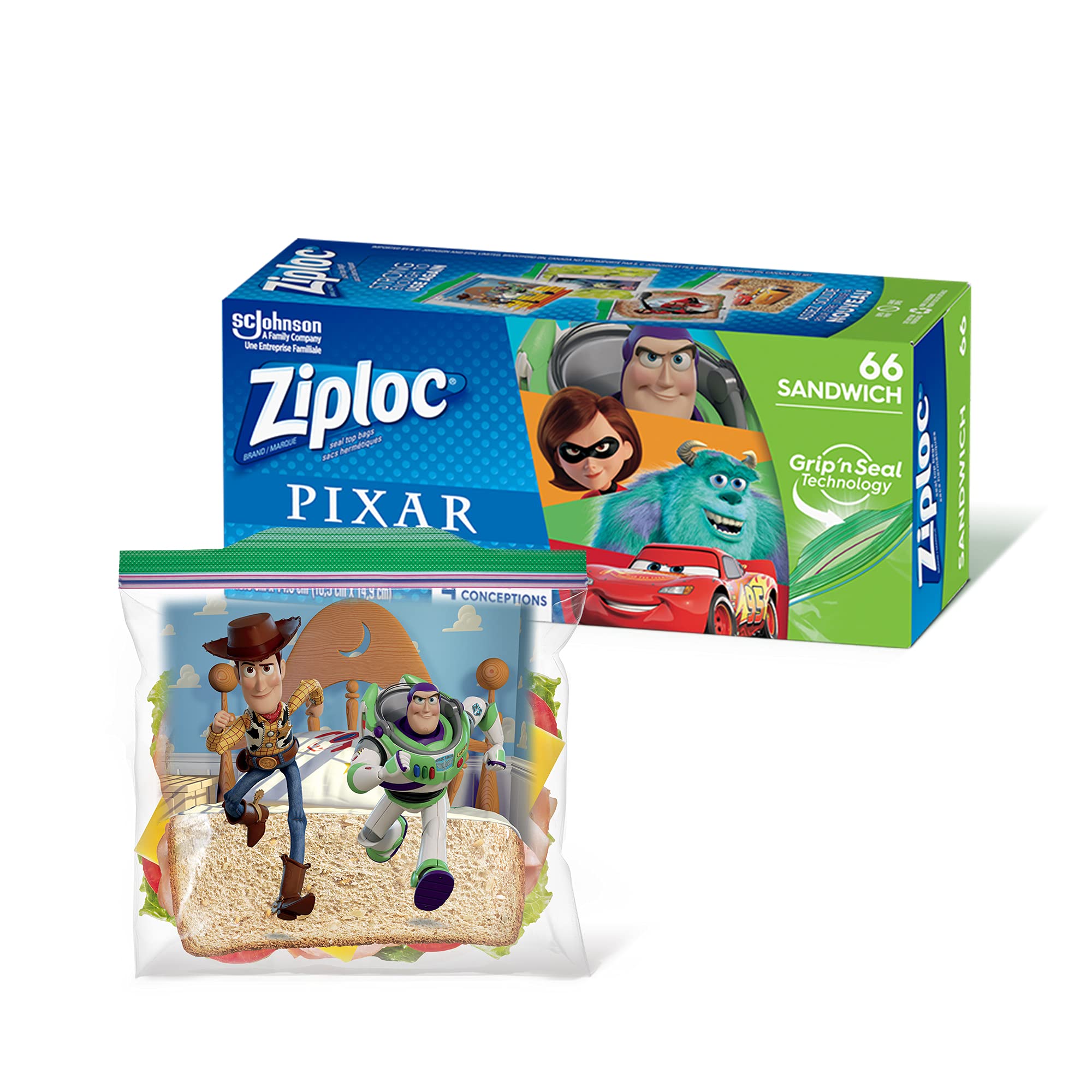 Pixar Themed Ziploc Sandwich Bags - 66 Count Plastic Storage Bags with Grip 'N Seal Technology for Lunches, Snacks & Food Storage - Perfect for School, Work & Picnics