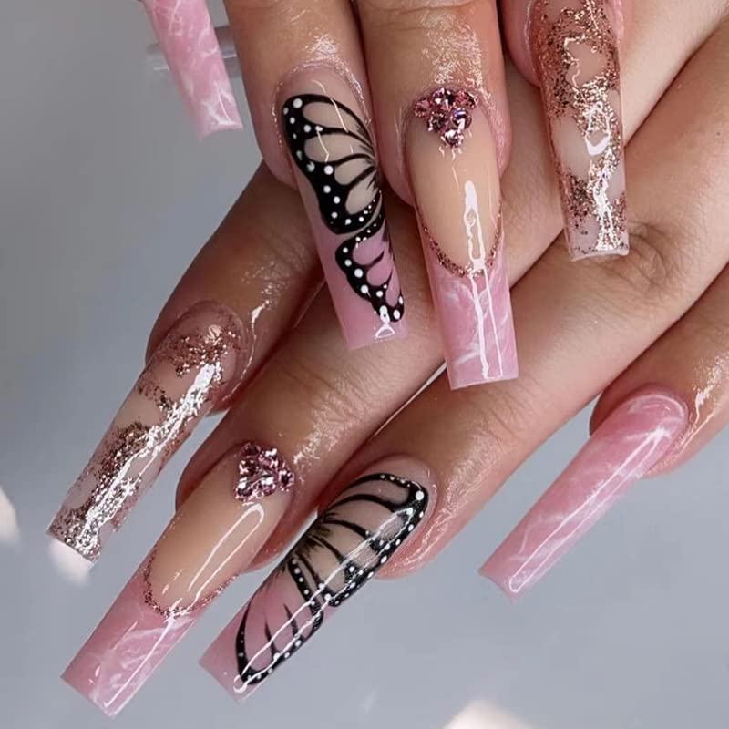 JUSTOTRY 24PCS Long Coffin Press on Nails - Pink French Tip Fake Nails with Butterfly & Rhinestone Designs, Glue Included - Stick on Nails for Women & Girls | Perfect for Parties, Weddings, Date Nights & Special Occasions
