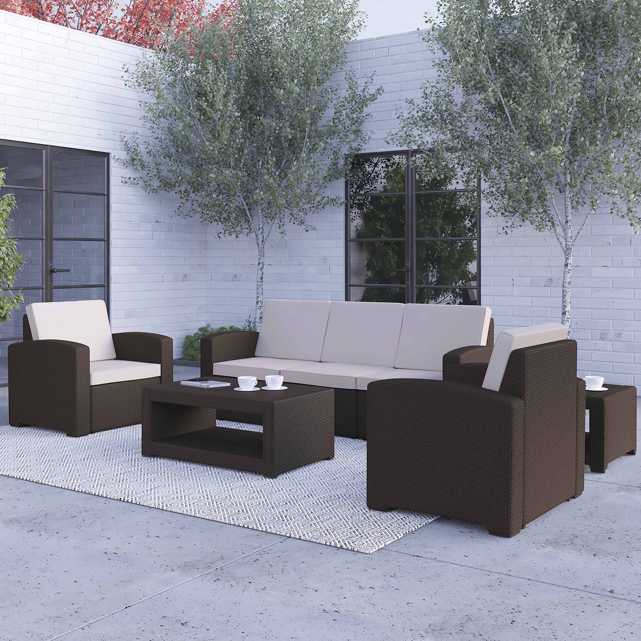 Merrick Lane Errol 5-Piece Outdoor Patio Furniture Set - Brown Wicker-Look Resin - 2 Chairs & Sofa with Cushions + Coffee Table & Side Table - Weatherproof for Garden, Poolside & Backyard Relaxation