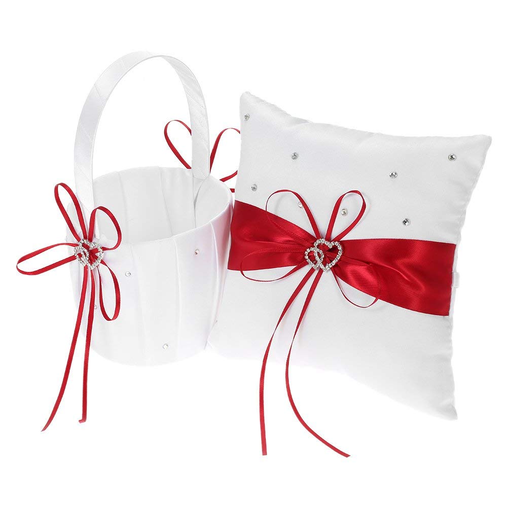 5-Piece Red Wedding Accessories Set - Flower Girl Basket, Guest Book Pen, Ring Pillow & Garter - Perfect for Wedding Ceremonies, Bridal Showers & Reception Decor