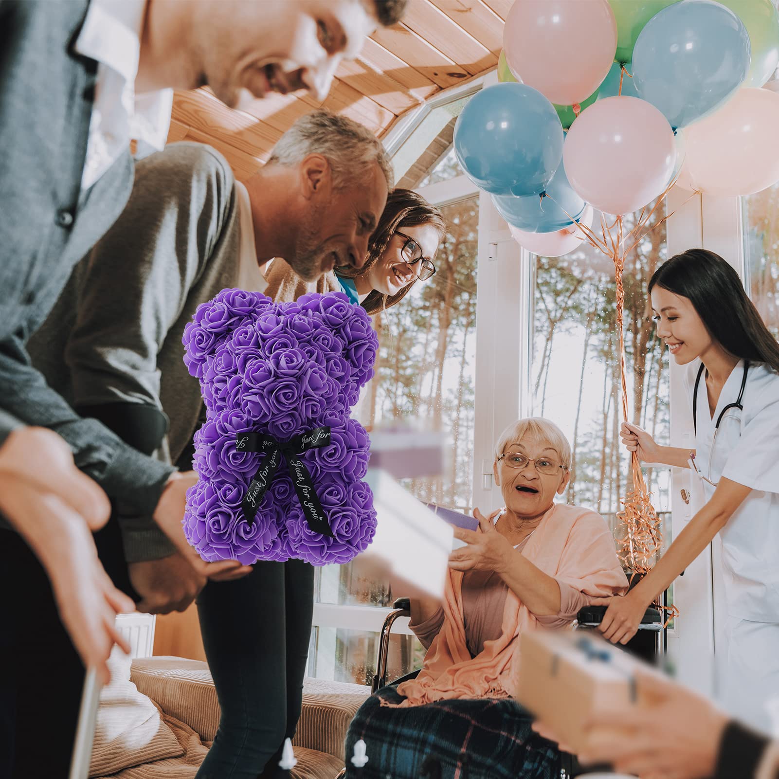 10-inch Handmade Rose Teddy Bear Gift - Purple Rose Flower Bear for Girlfriend, Daughter, Valentine's Day, Mother's Day, Wedding & Anniversary - Elegant Clear Gift Box | Romantic Present for Special Occasions & Home Decor