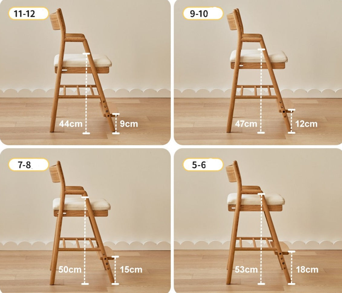 Adjustable Height Oak Solid Wood Kids Chair - Sturdy & Ergonomic Design for Study, Dining & Playtime