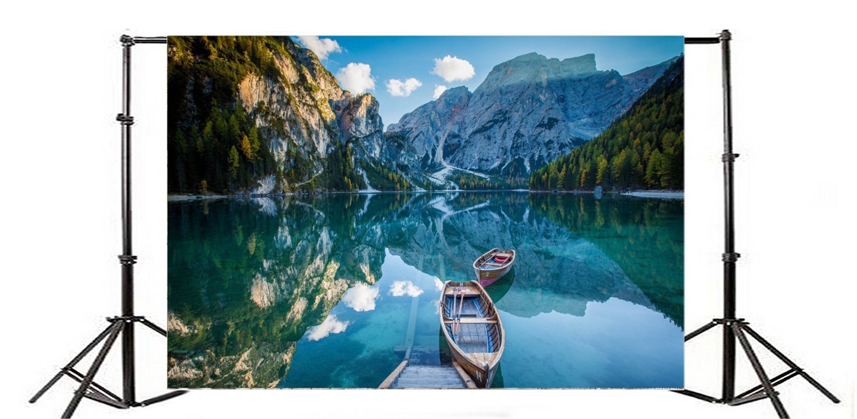 10x7ft Wooden Boats Alpine Mountain Lake Backdrop - Nature Landscape Photography Background for Spring Outdoor Scenery, Summer Vacation Photos, Studio Props, Portrait Wallpaper (Kids & Adults) - Perfect for Photo Shoots, Themed Parties, and Home Decor