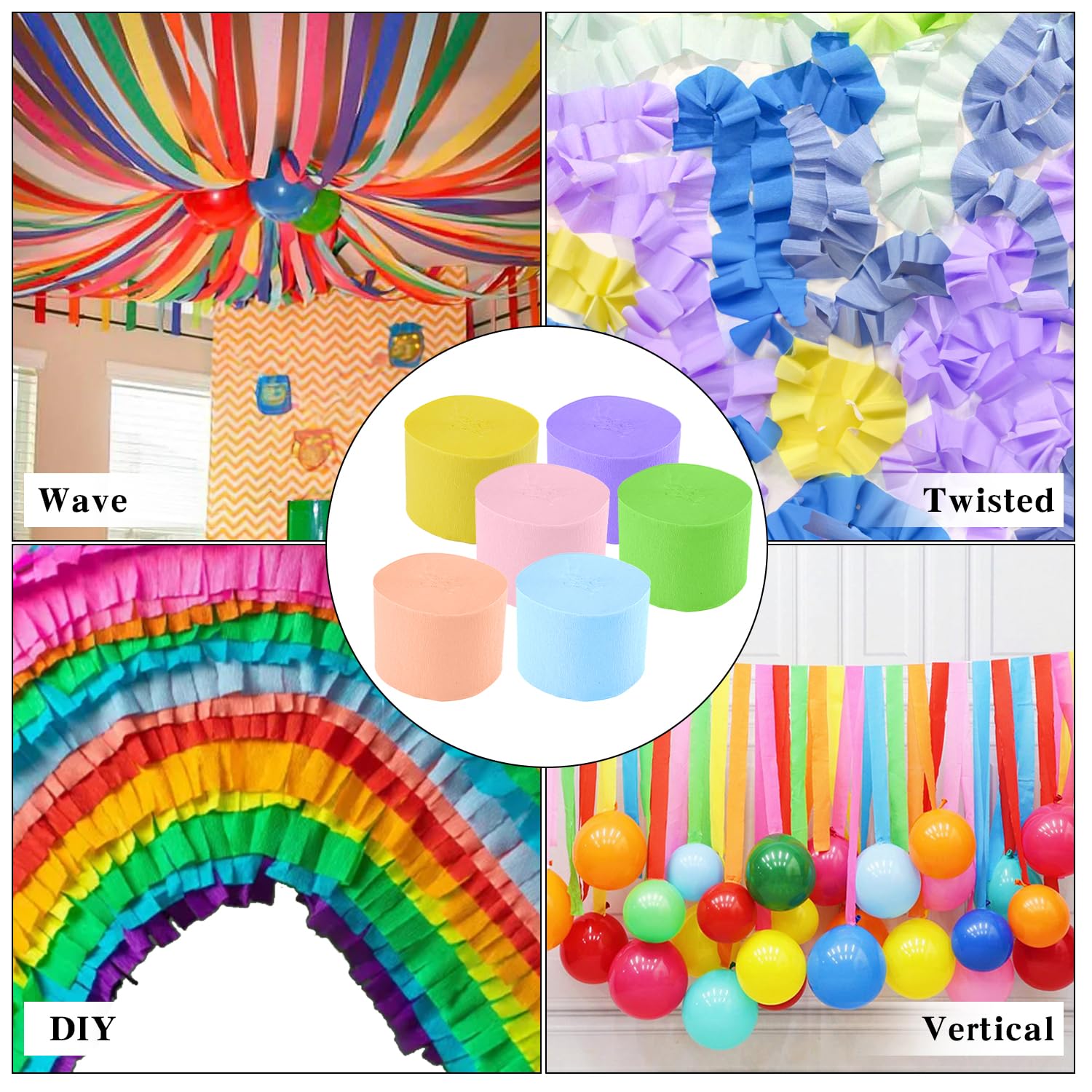 Pastel Crepe Paper Streamers - 6 Rolls (492ft Total) for Party Decorations | Birthday, Wedding, Baby Shower & Celebration Supplies | 2.37
