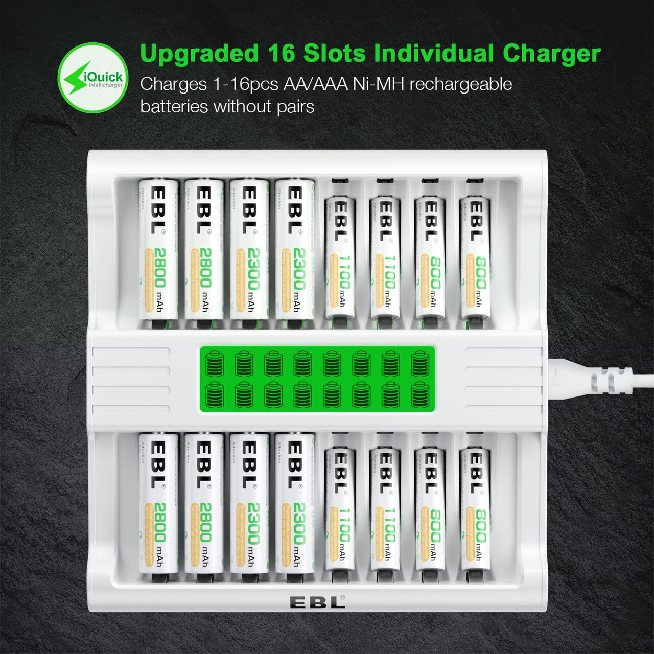 EBL 16 Bay AA AAA Battery Charger with LCD Display - 1 Hour Fast Charging for NiMH Rechargeable Batteries - Includes AC Power Cord - Perfect for Cameras, Toys, Flashlights & Home Electronics