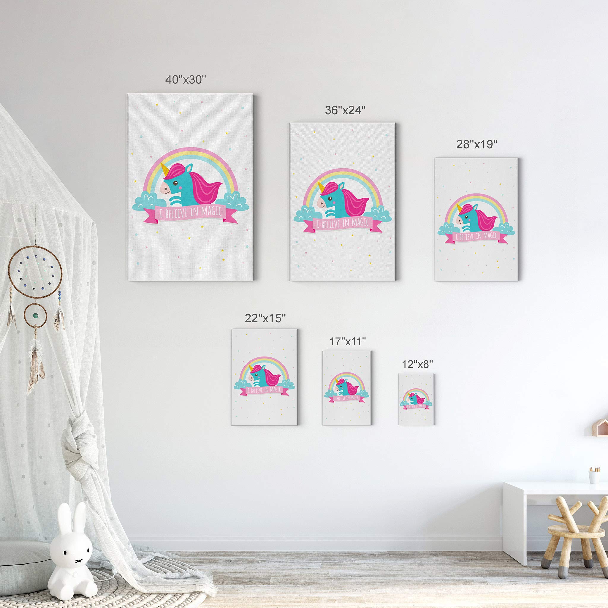 Smile Art Design 'I Believe in Magic' Unicorn Quote Canvas Wall Art - 40x30 Inch Ready to Hang Nursery Decor, Kids Room Decor, Baby Room Gift - Perfect for Bedrooms, Playrooms & Birthday Presents - Made in USA