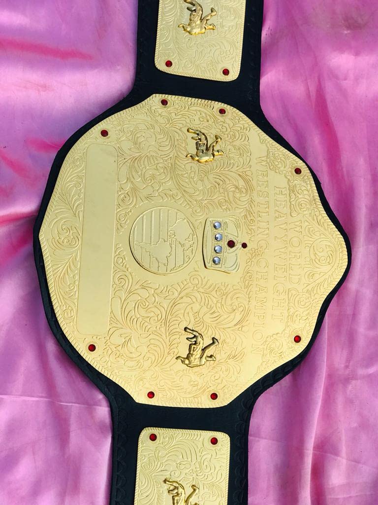 WWF Big Gold World Heavyweight Championship Wrestling Replica Belt - 2mm Gold Plated Brass, Black Leather Strap - Perfect for Cosplay, Collectors & Wrestling Fans
