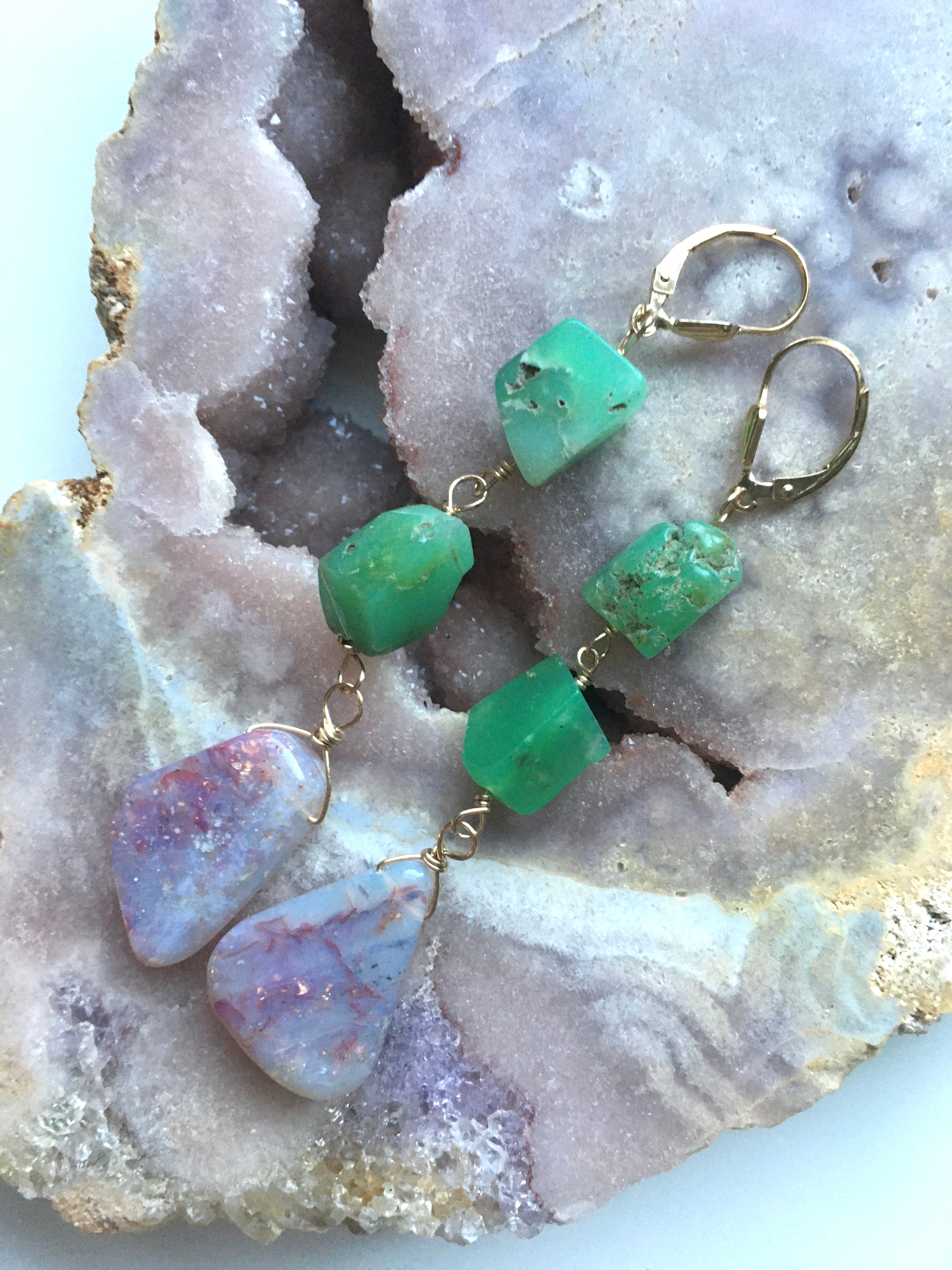 Large Opal Dangle Earrings with Chrysoprase Gold Filled - Elegant Statement Jewelry for Women, Perfect for Weddings, Parties & Special Occasions