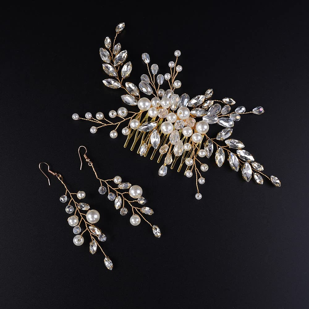 Jumwrit Bridal Hair Comb & Pearl Dangle Earrings Set - Handmade Rhinestone Wedding Hair Accessories for Women & Girls (Gold) | Perfect for Bridal Showers, Weddings & Special Occasions