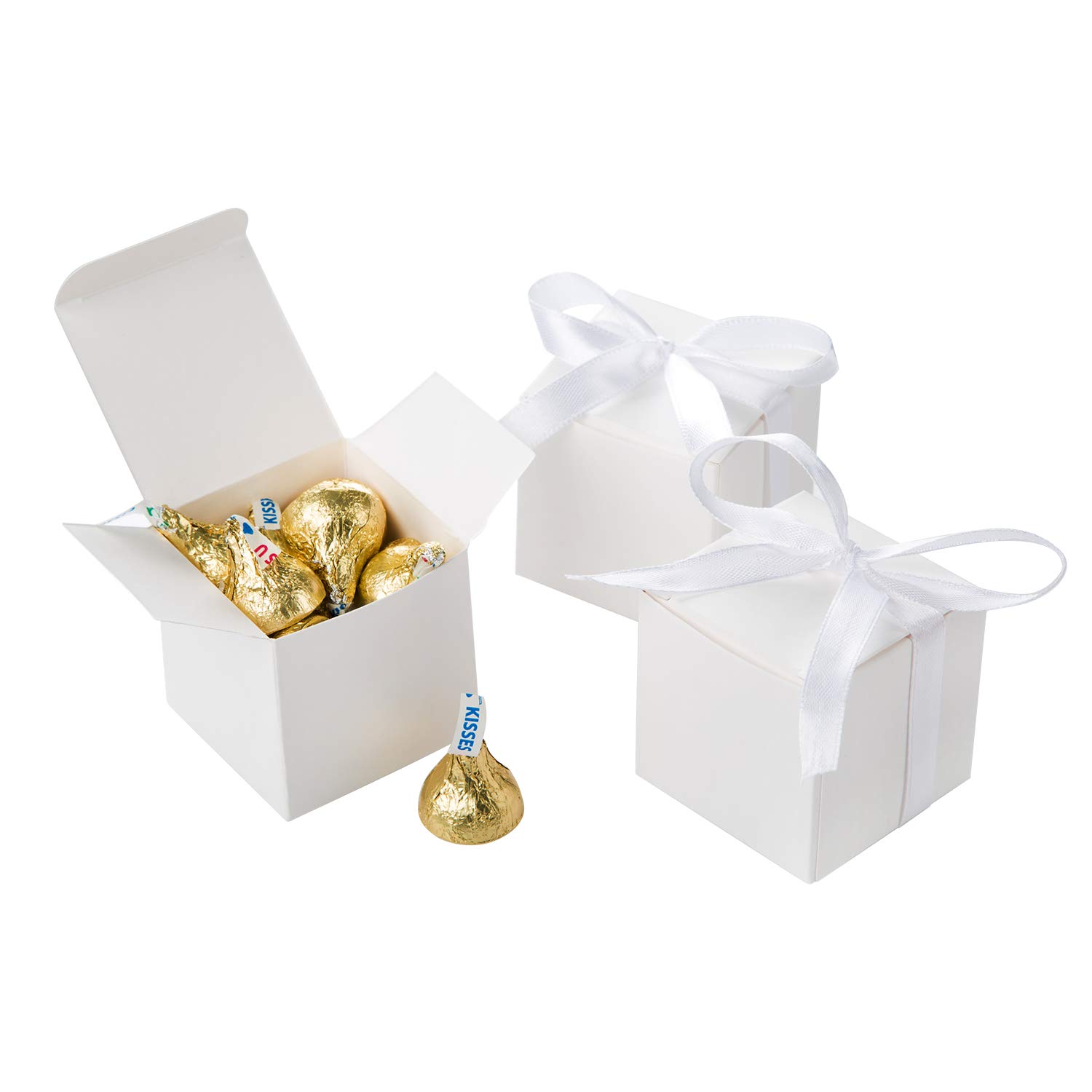 AWELL 2x2x2 Inches White Gift Candy Boxes with Ribbon - Bulk Pack of 50 - Perfect for Birthday Parties, Baby Showers & Wedding Favors