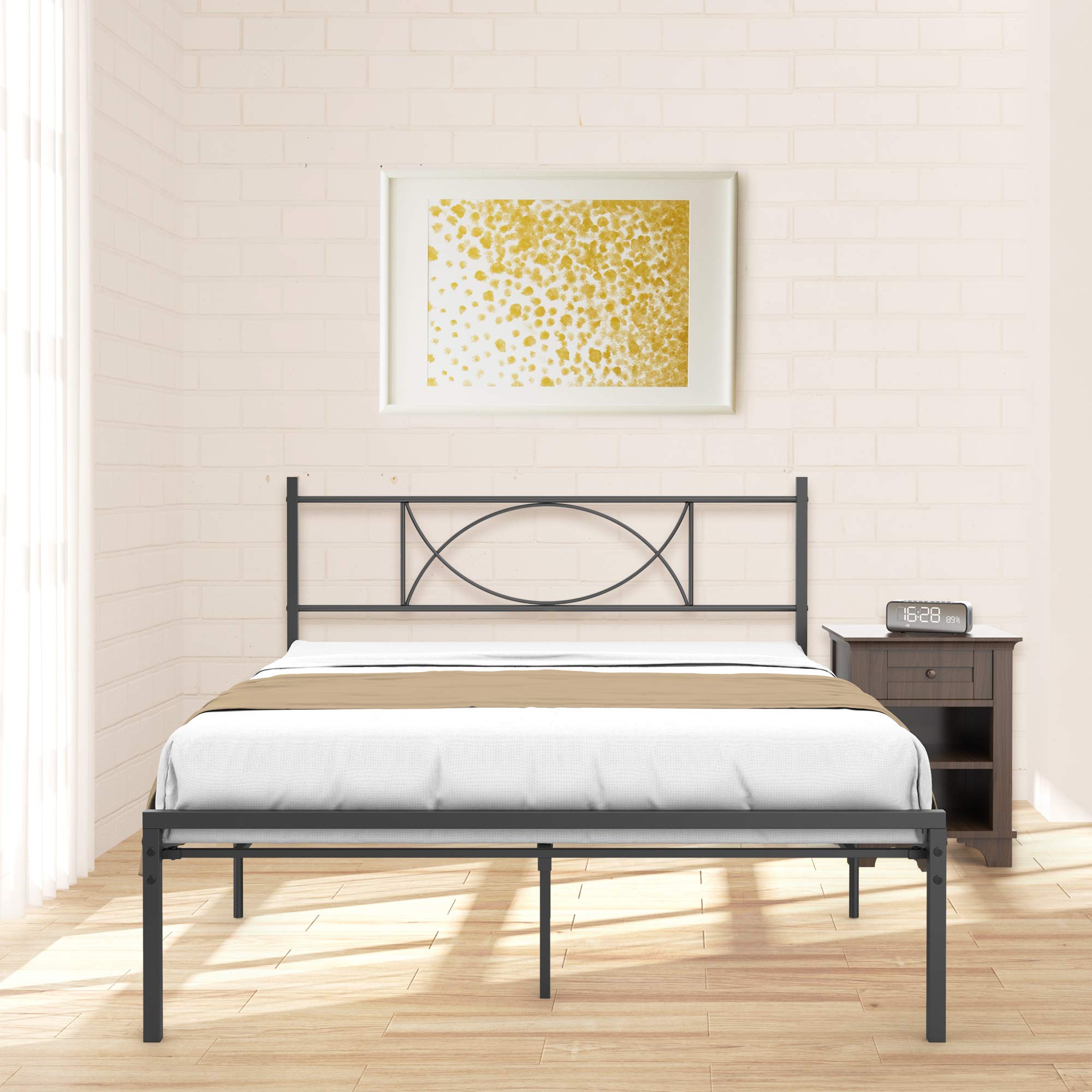 **Amyove Full Size Metal Platform Bed Frame with Headboard & Storage - No Box Spring Needed, Sturdy Mattress Foundation - Black (Full) - Perfect for Small Bedrooms, Guest Rooms & Dormitories**
