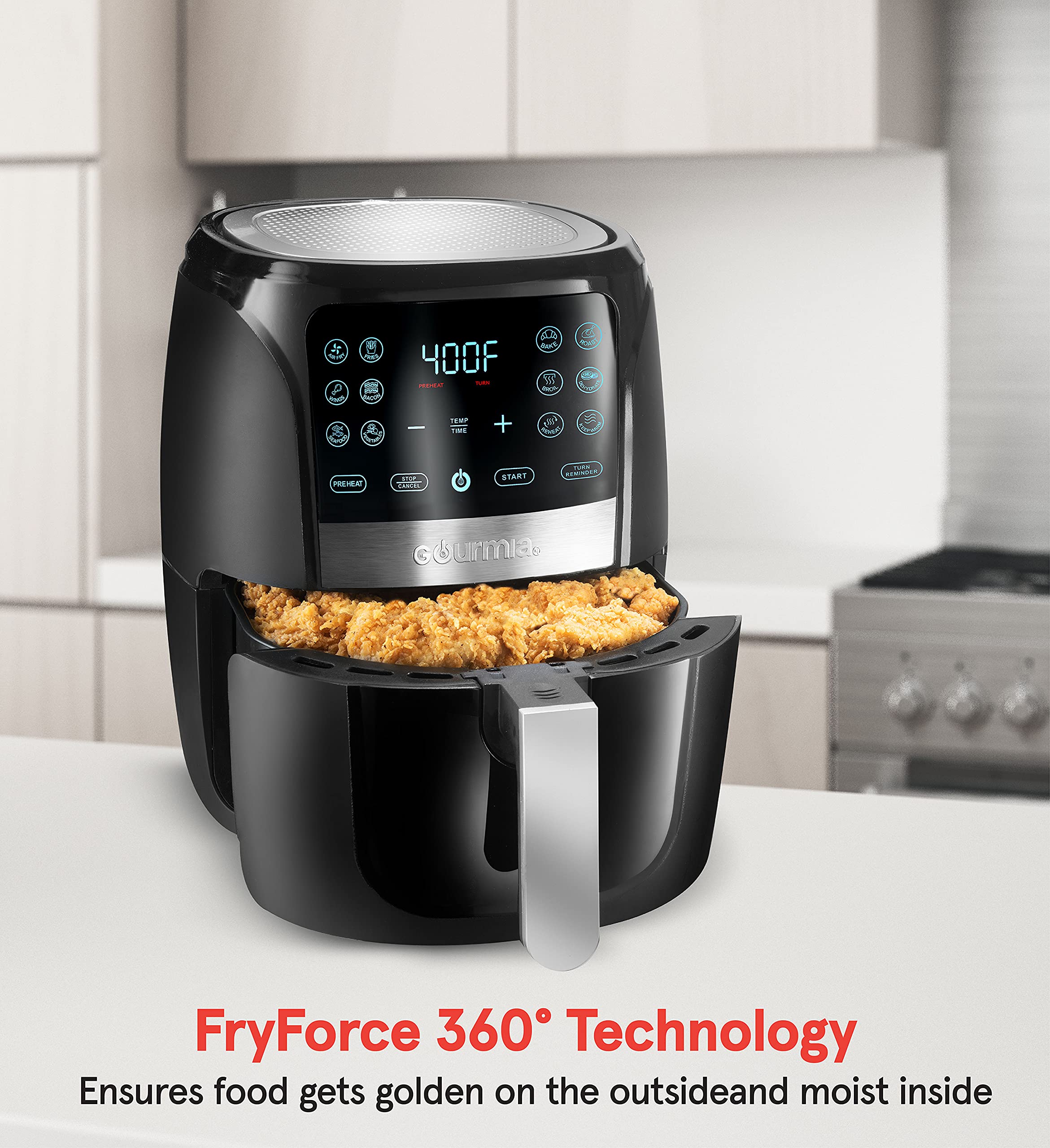 Gourmia 5QT Digital Air Fryer Oven with 12 Presets - 1500W Stainless Steel Large Capacity Air Fryer with XL Basket & 360° FRY FORCE Technology - Perfect for Healthy Frying, Baking, Roasting - Ideal for Family Dinners & Meal Prep
