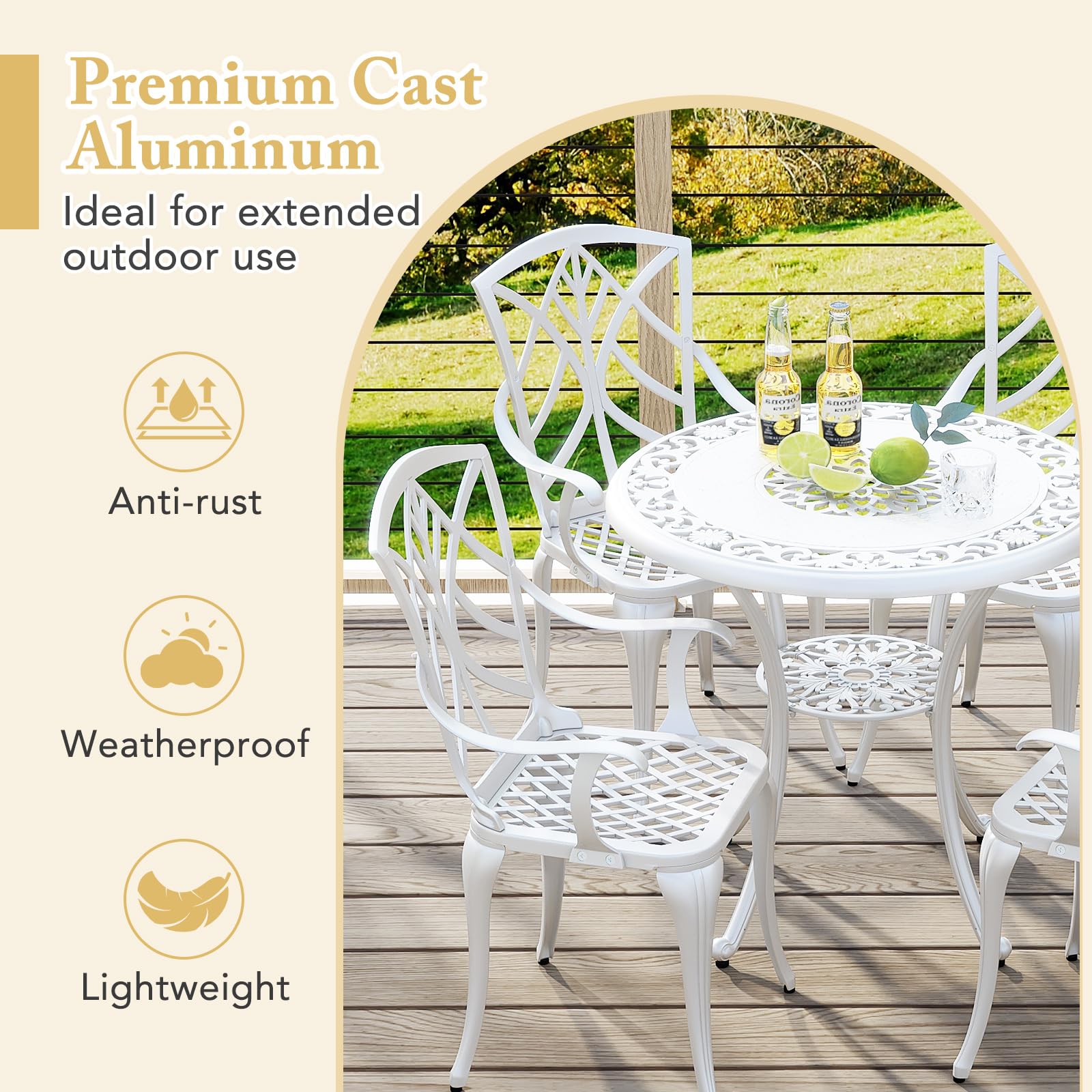Tangkula 5-Piece Cast Aluminum Outdoor Dining Set - Round Table with 2” Umbrella Hole & 4 Armchairs, All-Weather Patio Furniture for Garden, Backyard, Balcony (White) - Perfect for Outdoor Entertaining & Relaxation