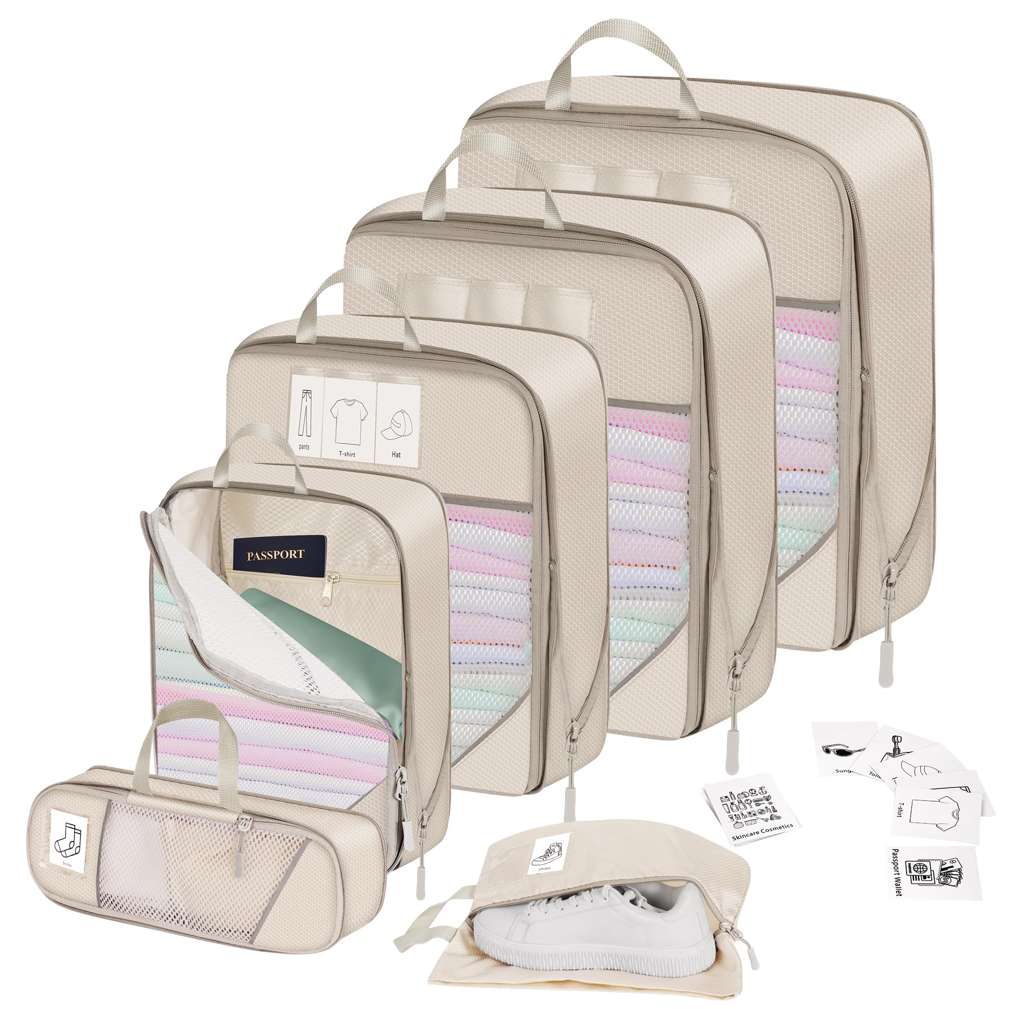 6-Piece Compression Packing Cubes Set - Durable Travel Organizers for Luggage & Suitcases | Space-Saving Beige Travel Accessories | Perfect for Business Trips, Vacations & Backpacking
