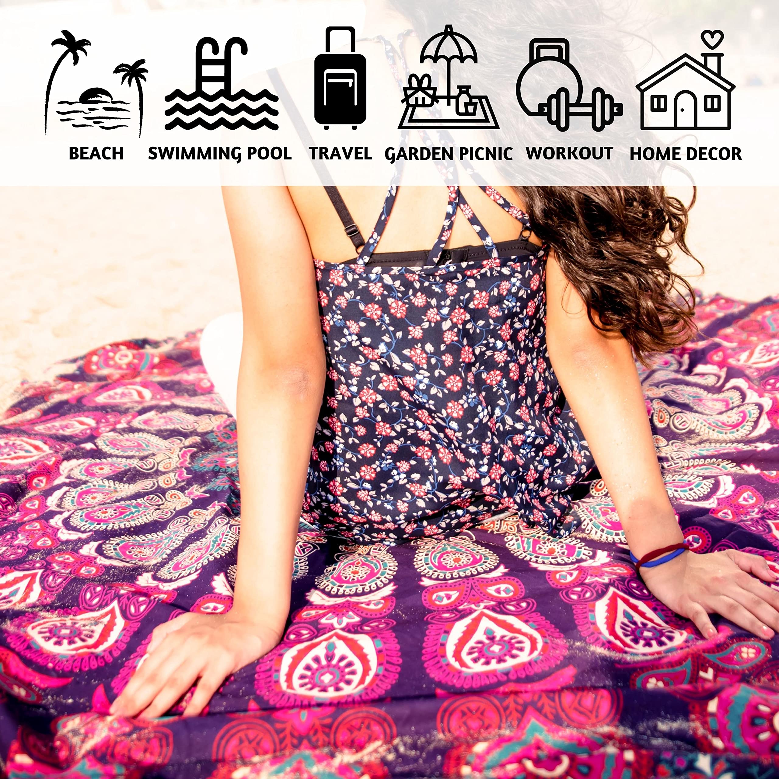 Folkulture Round Mandala Tapestry - 72 Inch Bohemian Beach Blanket, Yoga Meditation Rug, Boho Picnic Blanket & Hippie Home Decor in Pink & Purple - Perfect for Yoga Studios, Beach Outings, Boho Bedrooms & Meditation Spaces