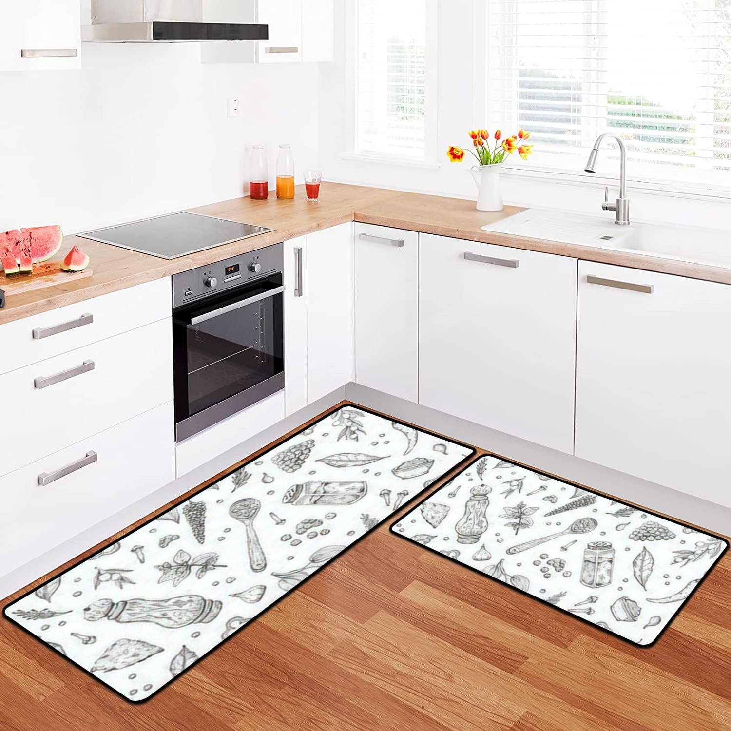 Non-Slip Washable Kitchen Rugs Set - Hand Drawn Pepper Salt Spice Design Floor Mat, Comfort Standing Mat for Kitchen, Bathroom & Entryway - Perfect for Cooking, Decor & High Traffic Areas