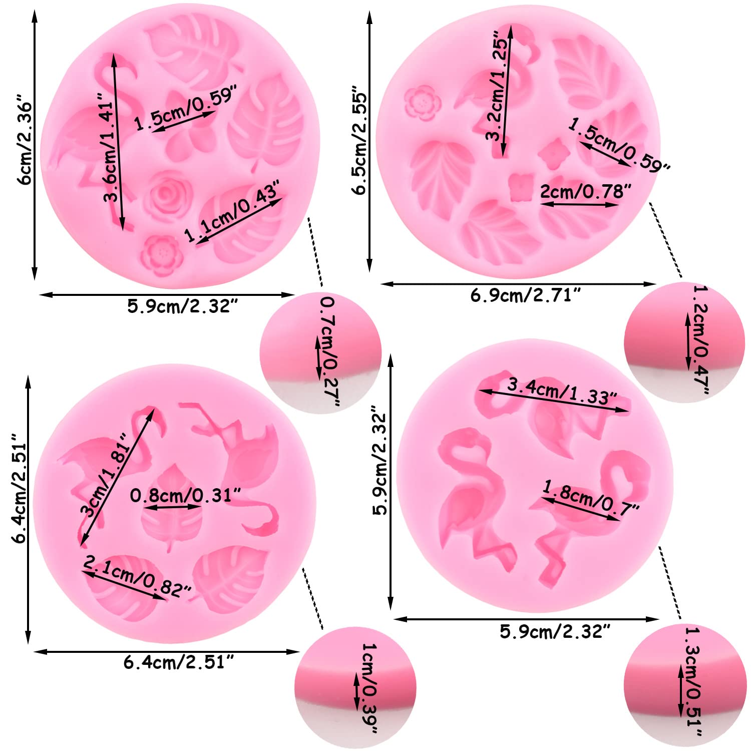 Flamingo Tropical Leaf Silicone Molds - Set of 4 for Cake Decorating, Chocolate, Candy & Resin Clay - Perfect for DIY Crafts, Baking & Party Decorations