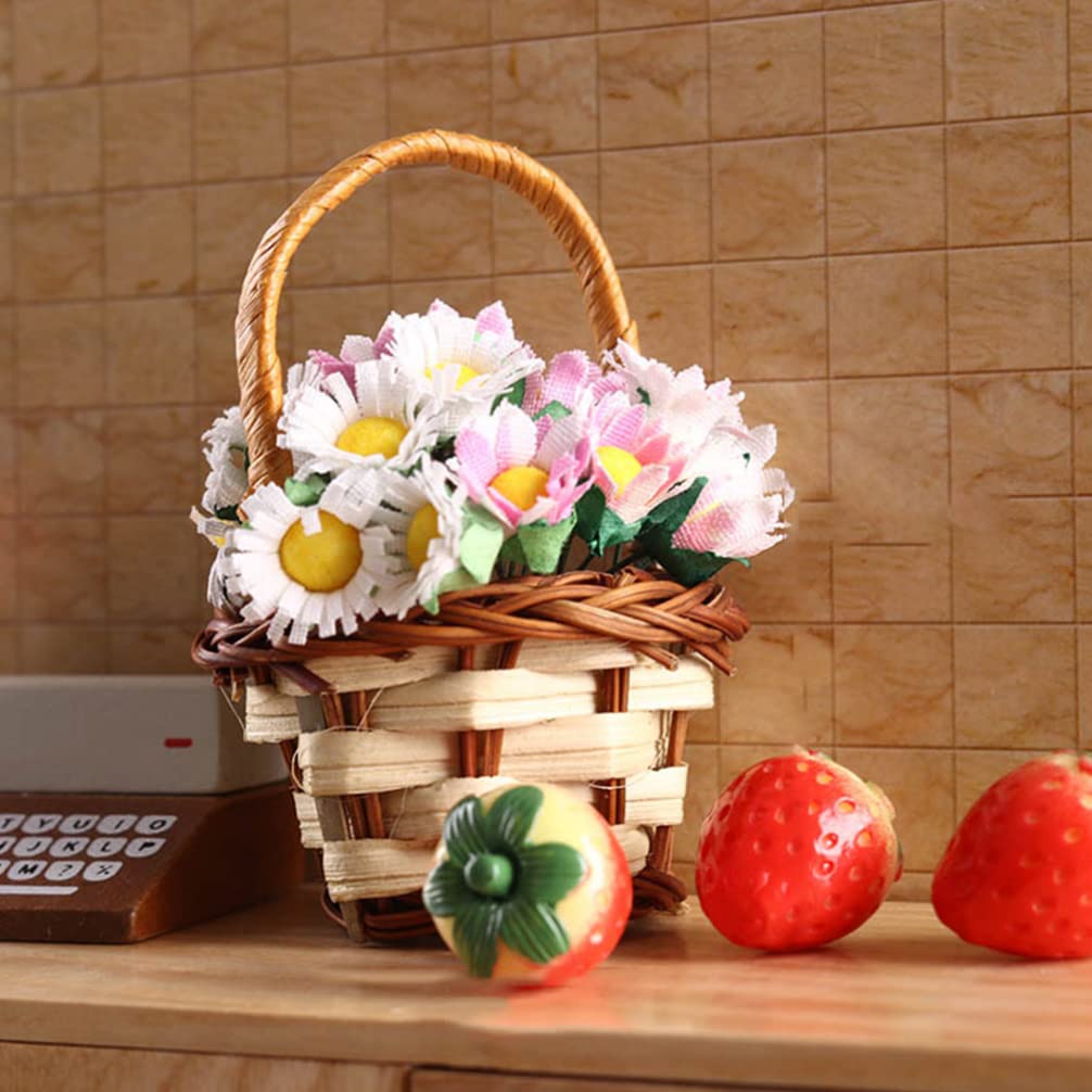 Miniature Flower Basket Doll - Tiny Bamboo Picnic Basket with Fake Plants & Candy for Micro Landscaping Decor | Perfect for Dollhouse, Fairy Garden, DIY Crafts & Tabletop Displays