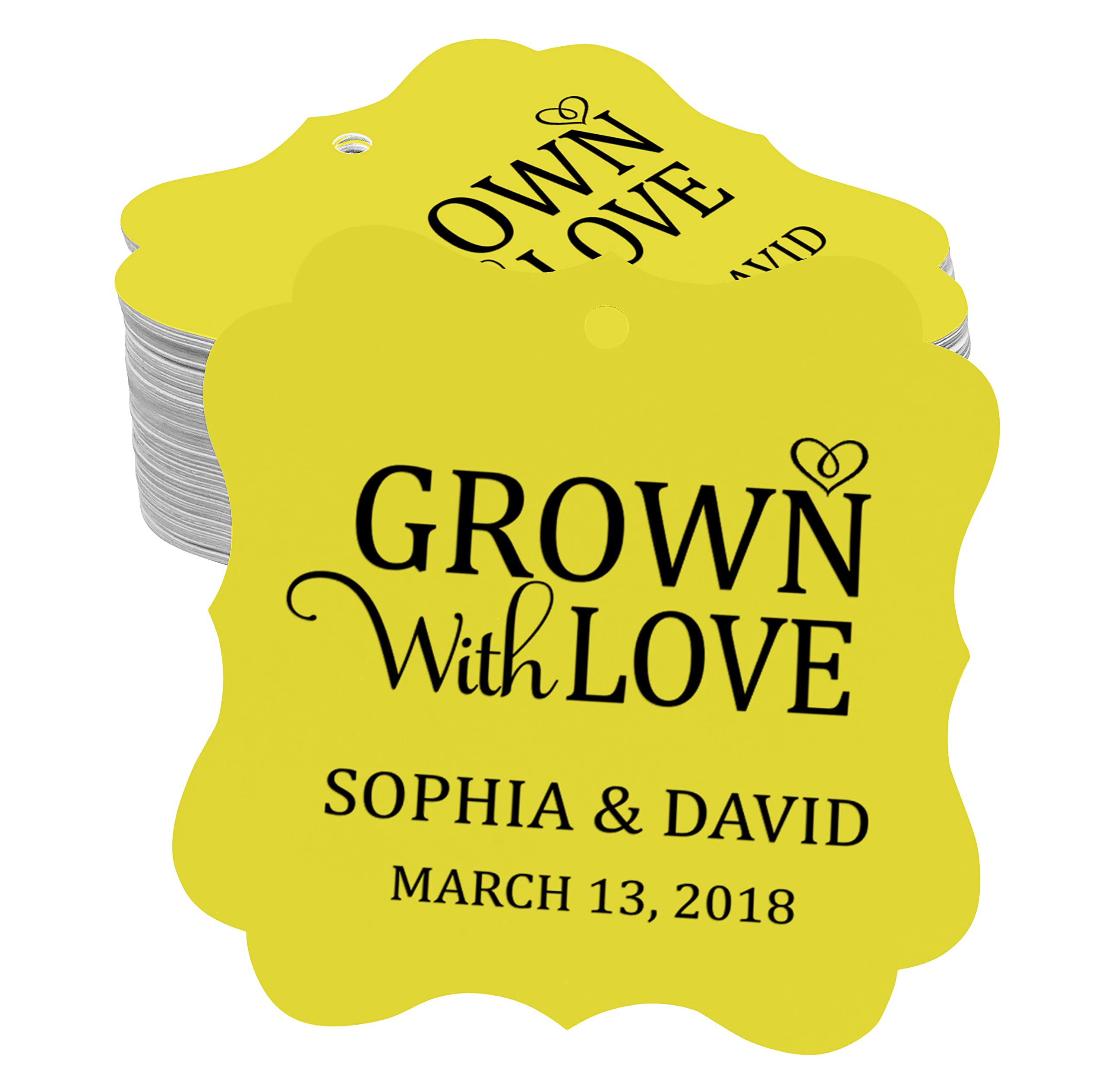 Personalized Wedding Favor Tags - 100 Yellow Bonbonniere Paper Tags with Elegant Frame Design - Perfect for Bridal Showers, Baby Showers & Party Favors
