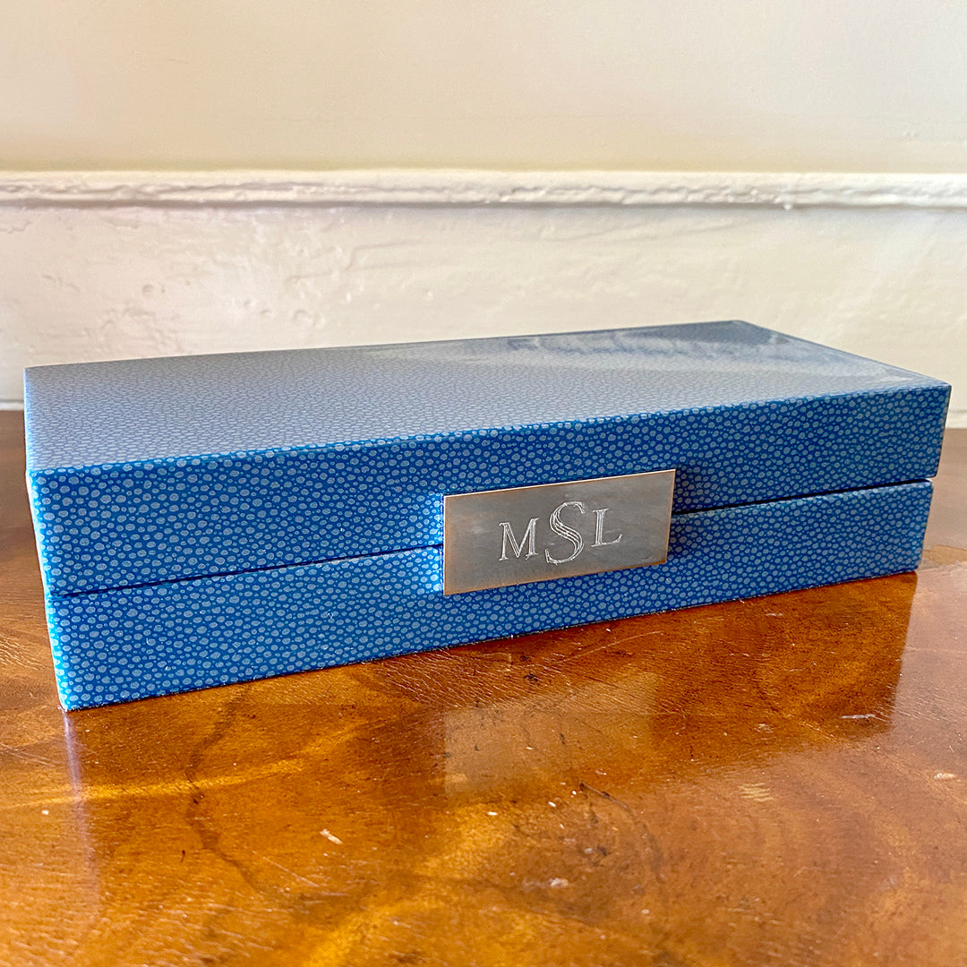 Elegant Blue Shagreen Jewelry Box with Silver Plated Trim - Perfect for Organizing Necklaces, Rings & Earrings | Gift for Women & Home Decor