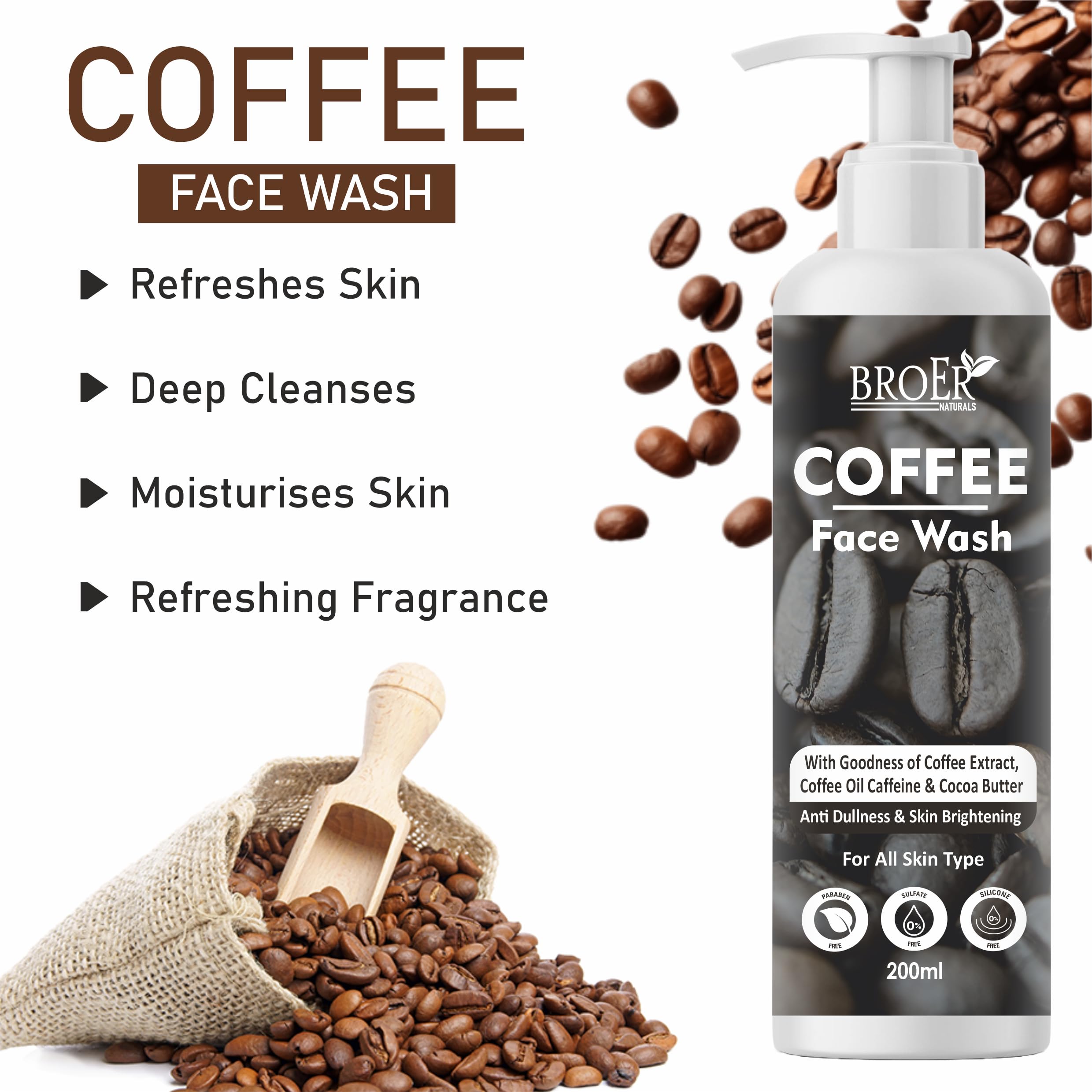 BROER Coffee Face Wash for Men & Women - 200ml Deep Cleansing Facial Cleanser with Coffee, Caffeine & Cocoa Butter - Removes Blackheads, De-Tans & Exfoliates - Perfect for Morning & Night Skincare Routine