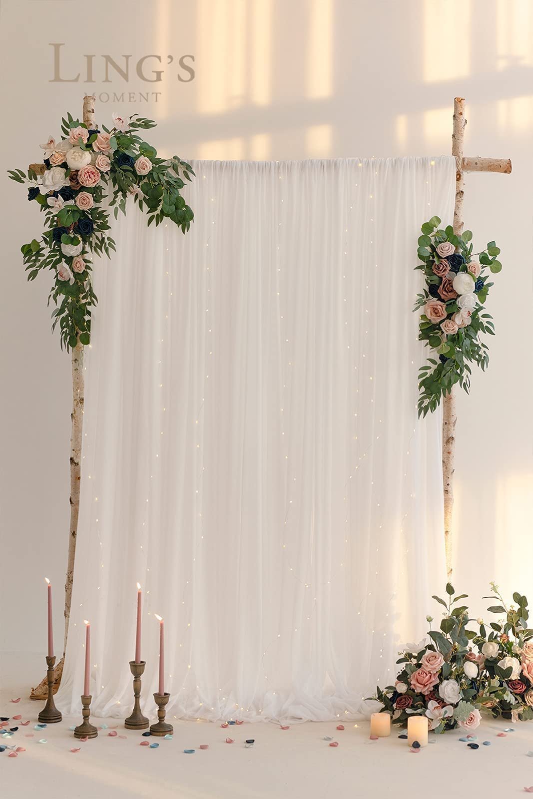 Ling's Moment 9FT Wrinkle-Free Wedding Table Skirt & Backdrop Curtains Set - 2 Panels 5ft x 10ft with 9FT Eucalyptus Willow Leaf Garland - Perfect for Wedding Decor, Bridal Shower, Baby Shower & Party Backdrops