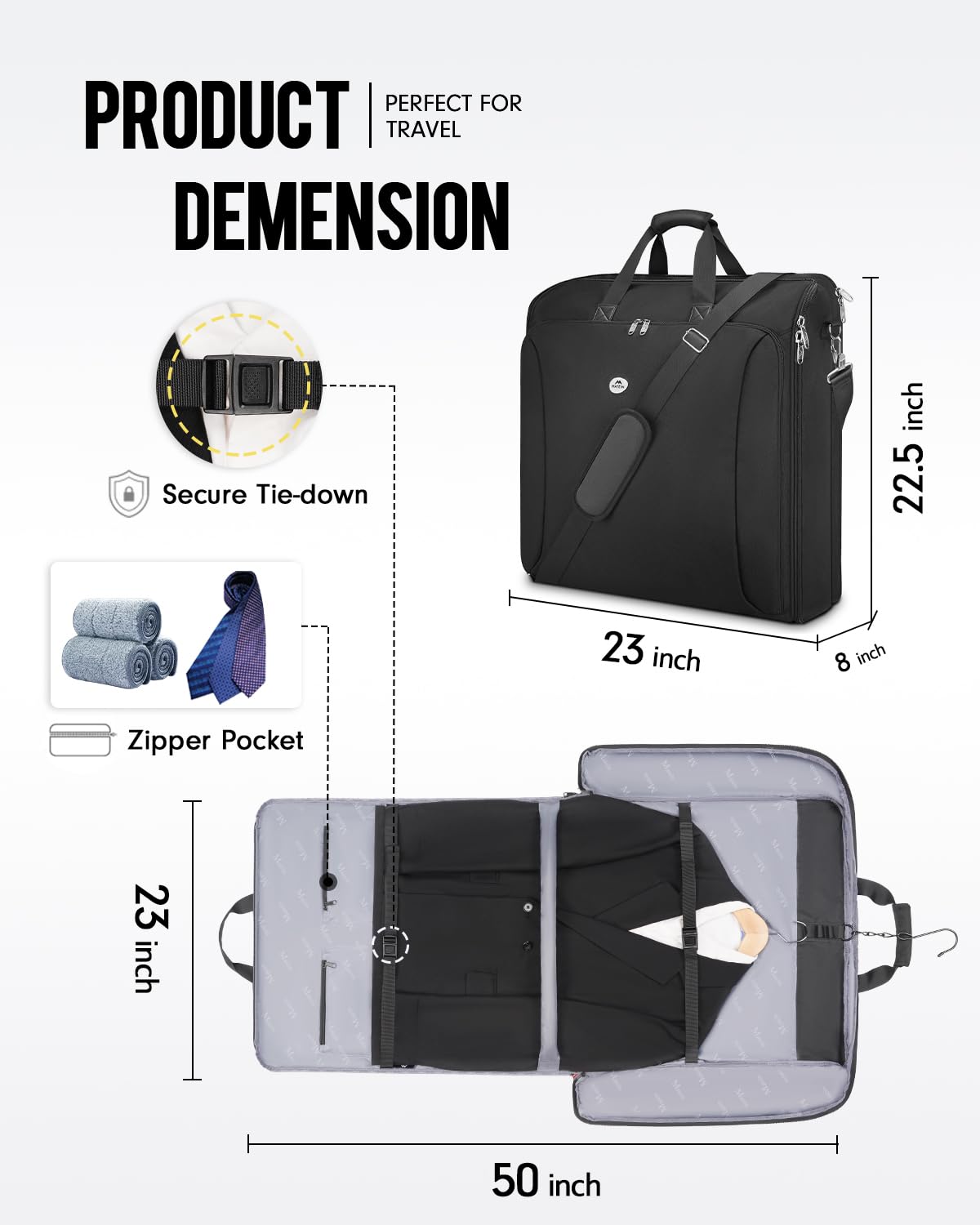 Matein Large Double Layer Travel Garment Bag with Shoulder Strap - Foldable Carry-On Suit Bag for Men & Women | Hanging Clothes Organizer | Perfect for Business Trips, Weddings & Weekend Getaways | Black