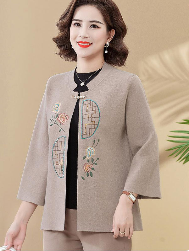 Blue & Red Sequined Embroidered Knit Cardigan for Women - Elegant Mother's Day Gift, Perfect for Parties, Weddings & Special Occasions