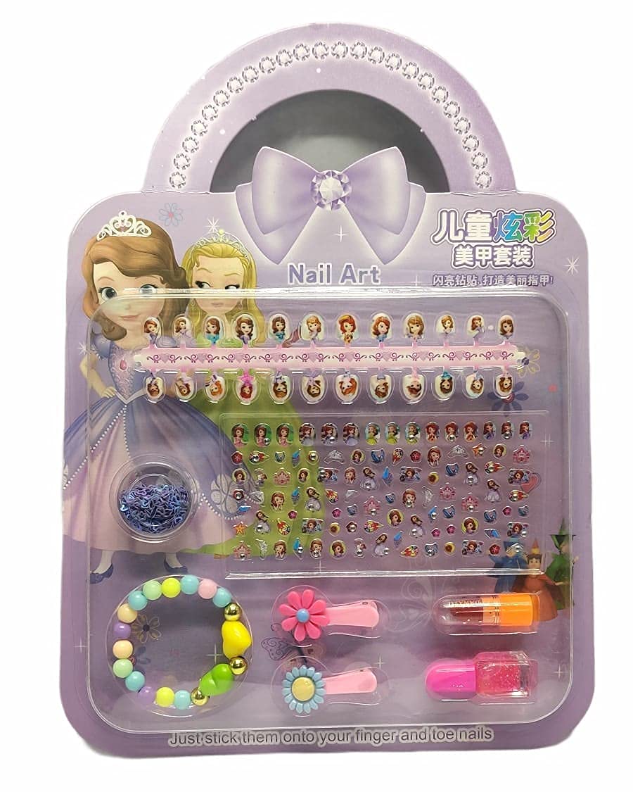 Arpit Mart Princess Nail Art Kit for Kids - Non-Toxic Water-Based Press On Nails, Nail Stickers, Polish, Clips & Bracelet Set | Perfect for Birthday Parties, Playdates & Dress-Up Fun