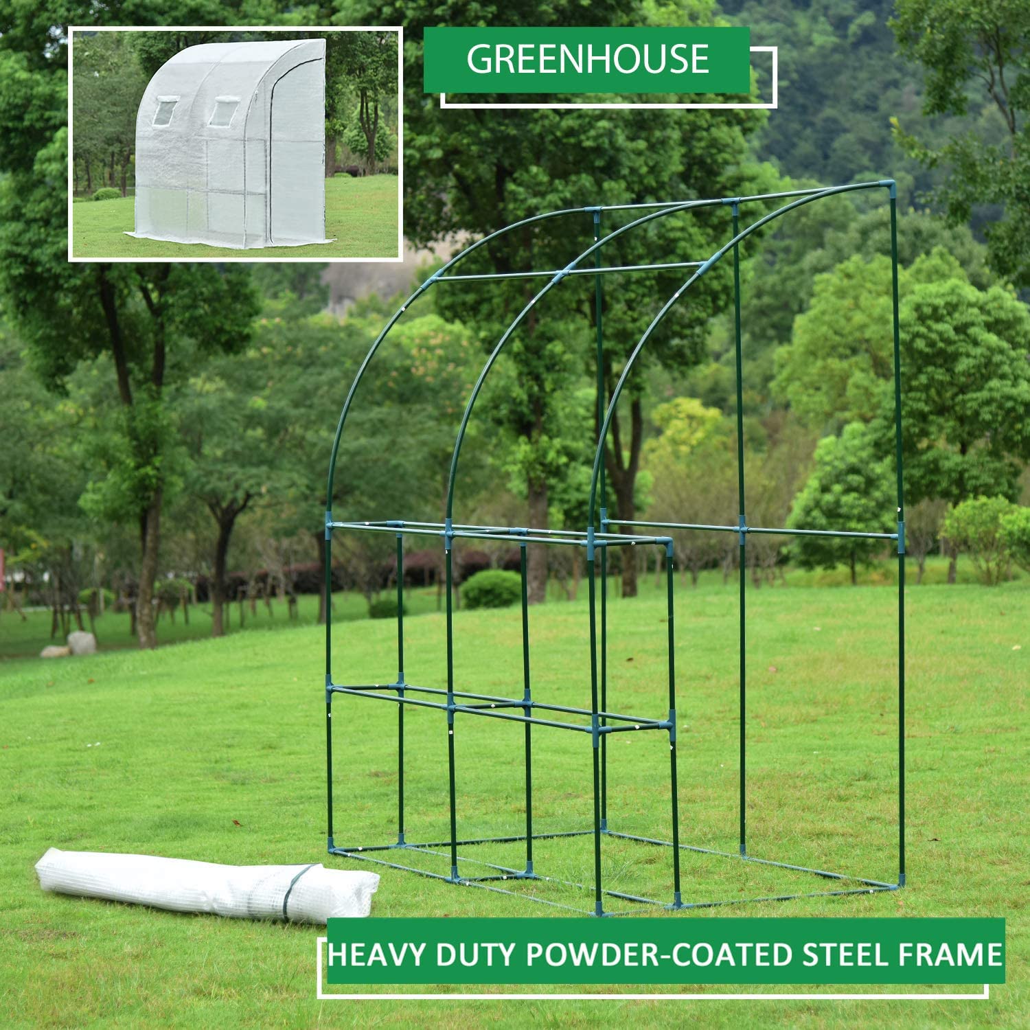 Aoodor 6.7ft x 3.3ft x 7.2ft Walk-in Lean-to Wall Greenhouse - UV Protected & Water Resistant White Polycarbonate Panel with 2 Zipper Doors for Backyard, Patio & Urban Gardening