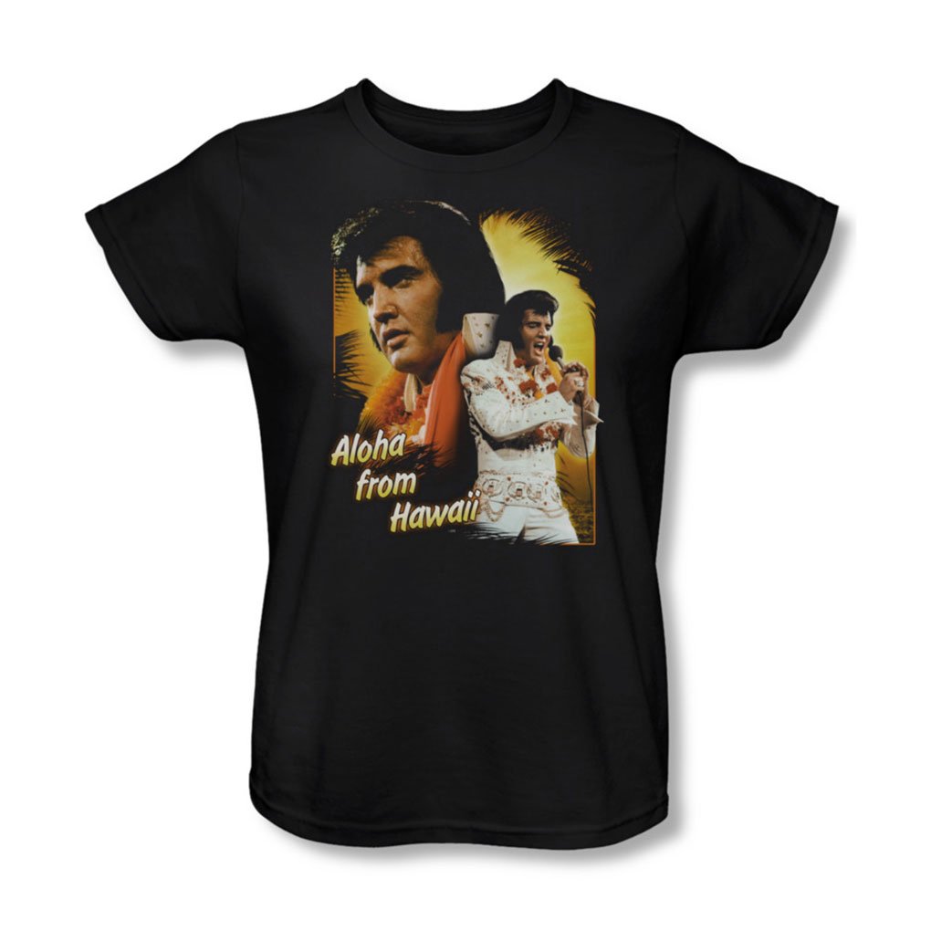 Elvis Aloha Hawaiian Women's T-Shirt - Black Vintage Style Short Sleeve Tee for Beach Vacation, Luau Party & Summer Outfits