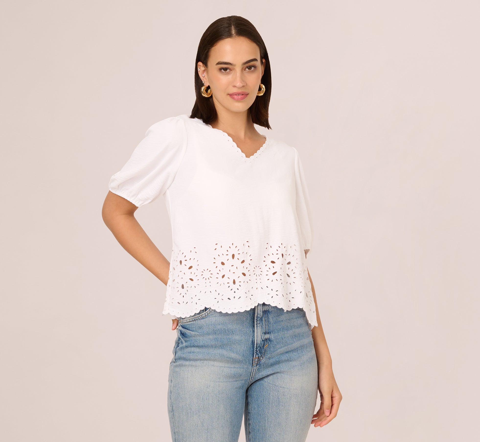 Women's White Short Sleeve Scalloped Eyelet Blouse - Perfect for Summer Outfits, Beach Vacations & Casual Date Nights