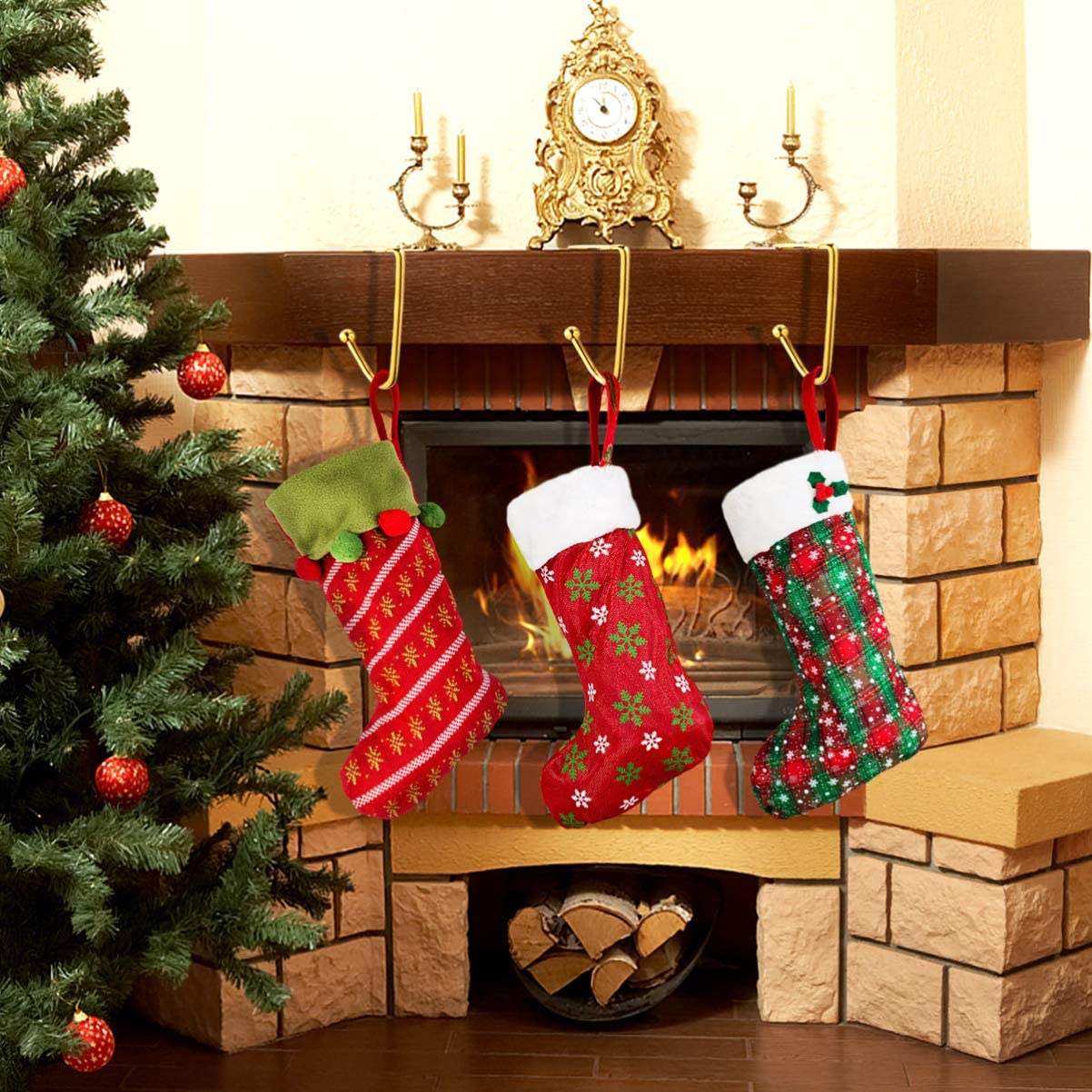 6Pcs Golden Christmas Stocking Holders for Mantel - Non-Slip Fireplace Hanger Hooks with Safety Grip, Metal Hangers for Holiday Decorations, Xmas Tree Ornaments & Party Decor - Perfect for Fireplace Mantel, Christmas Tree, and Festive Home Decoration