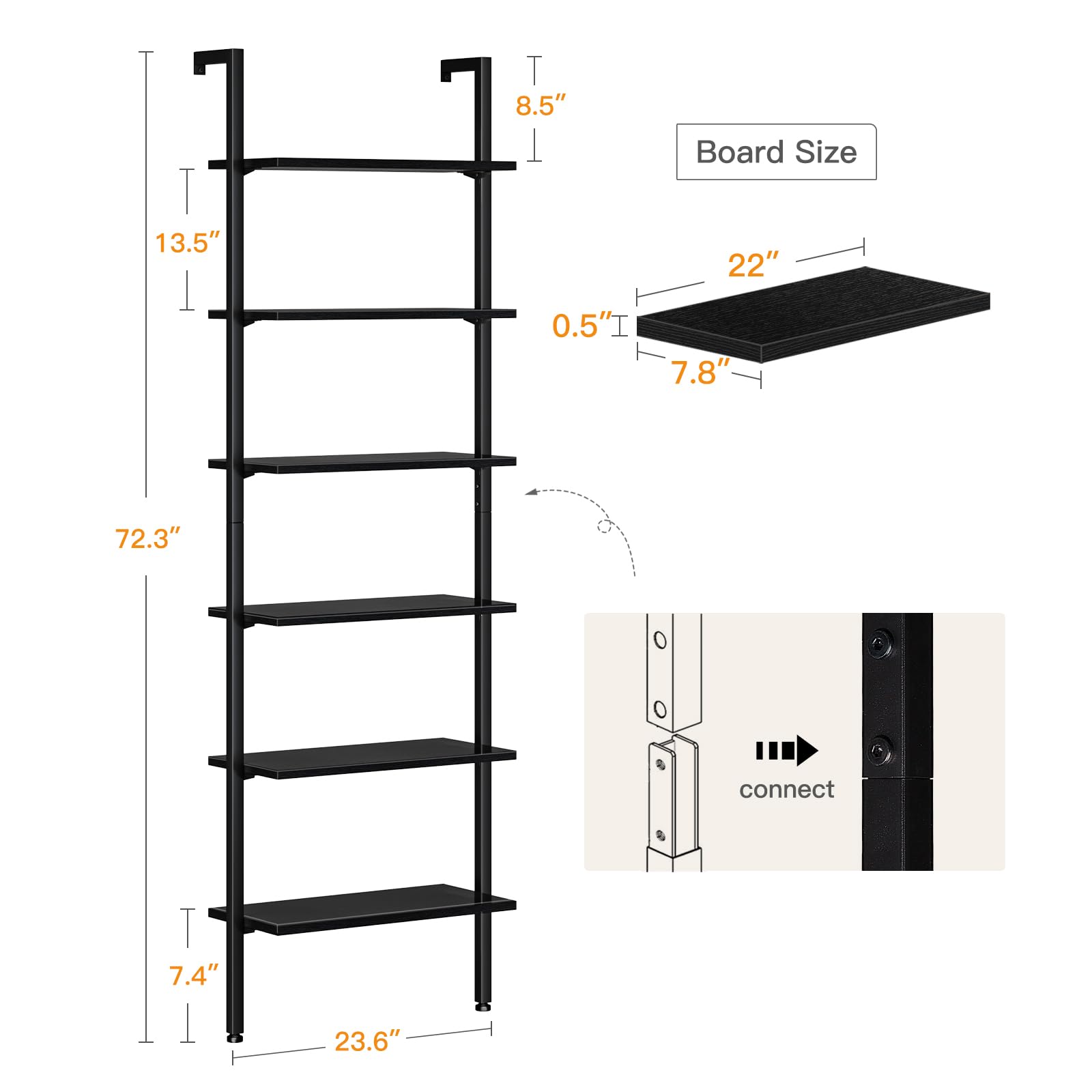 ODK 6-Tier Ladder Shelf - 87 Inch Tall Wall Mounted Industrial Bookshelf with Sturdy Metal Frame, Open Storage Shelves for Home Office, Bedroom & Living Room - Black (Perfect for Displaying Books, Decor & Organizing Small Spaces)