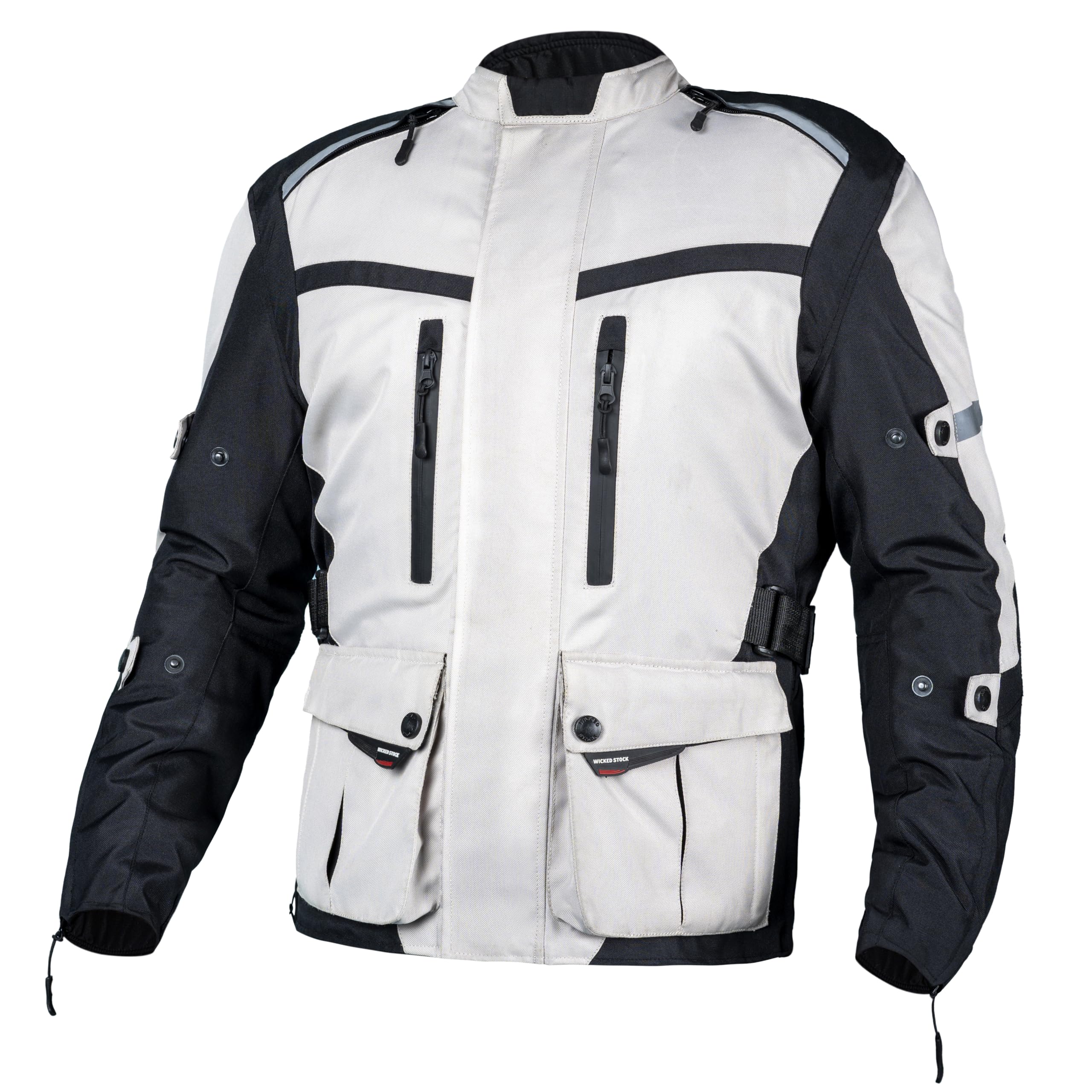 WICKED STOCK CE Level 2 Waterproof Motorcycle Jacket for Men - Reflective Armored Biker Jacket with 8 Pockets & Adjustable Fit (Biceps, Forearms, Waist) - 4 Season Riding Gear for Commuting, Touring & Adventure Motorcycling