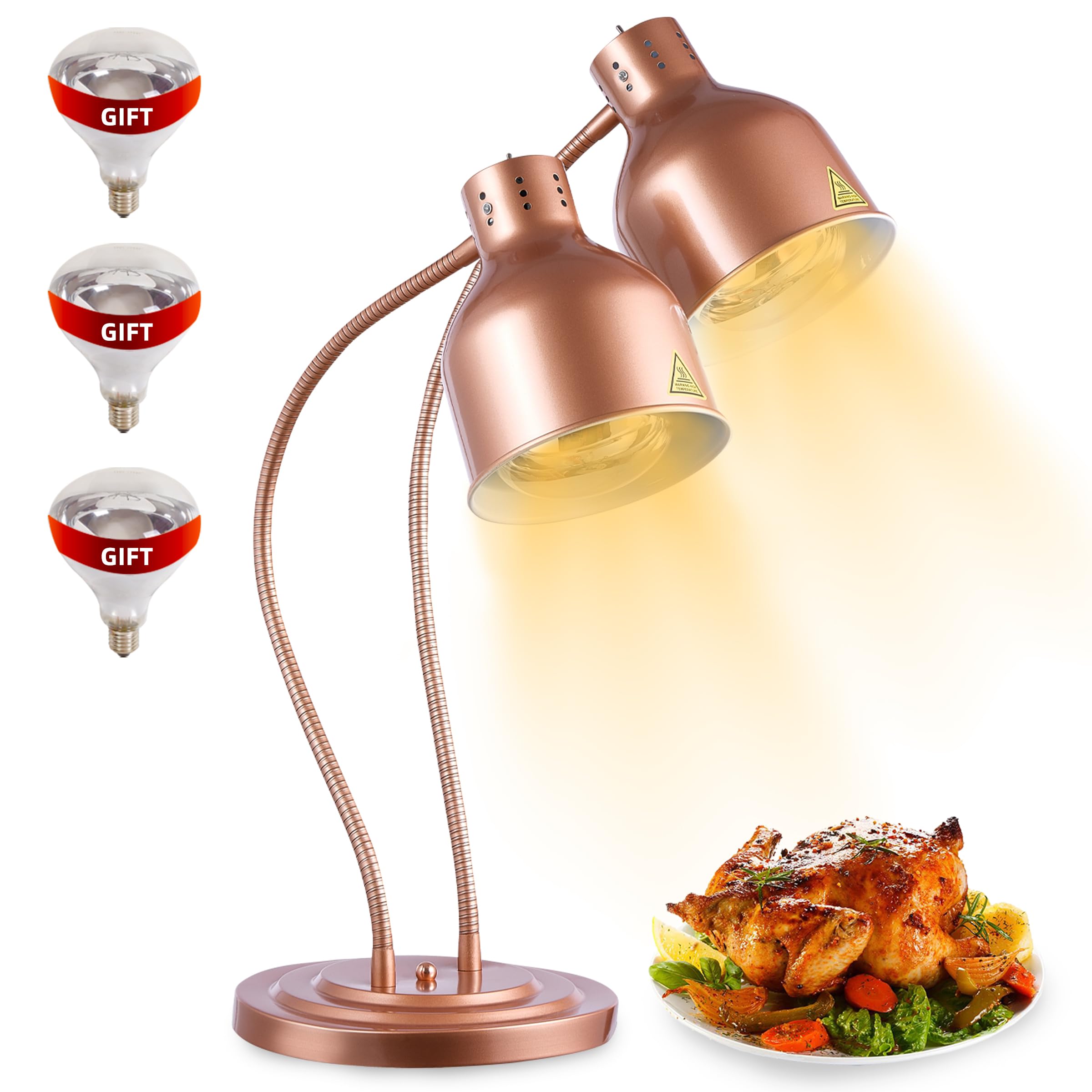 Commercial Food Heat Lamp with 3 Rapid-Heating Bulbs - 500W Electric Food Warmer for Catering, Buffets & Restaurants - Painted Copper Finish for Steady Heating - Perfect for Keeping Dishes Warm at Parties, Events & Food Service Stations