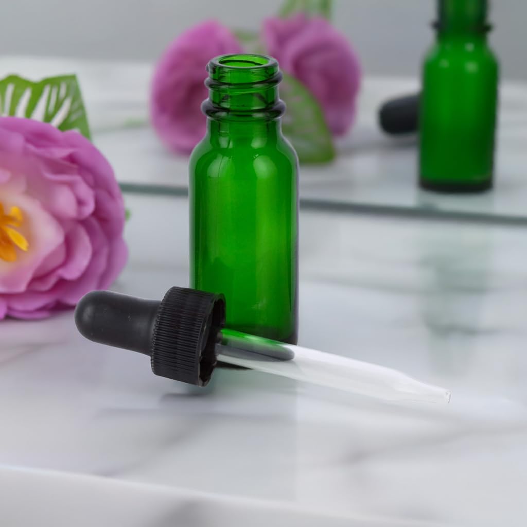 JUVITUS 24 Pack 0.5 oz (15ml) Green Glass Essential Oil Bottles with Black Dropper & Funnel - Perfect for Aromatherapy, DIY Blends, Travel Size Oils & Home Fragrance Solutions