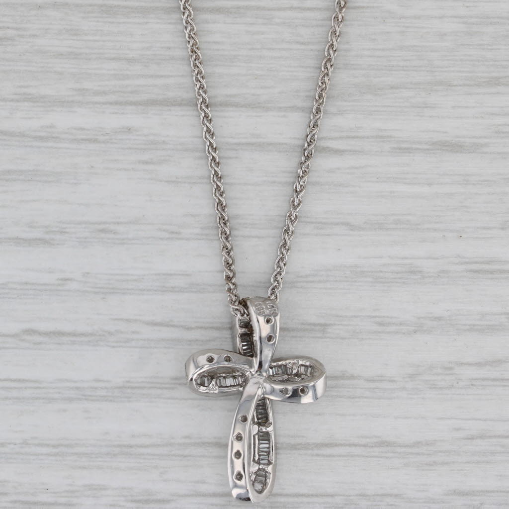 0.39ctw Diamond Ribbon Cross Pendant Necklace - 14K White Gold Wheat Chain 18