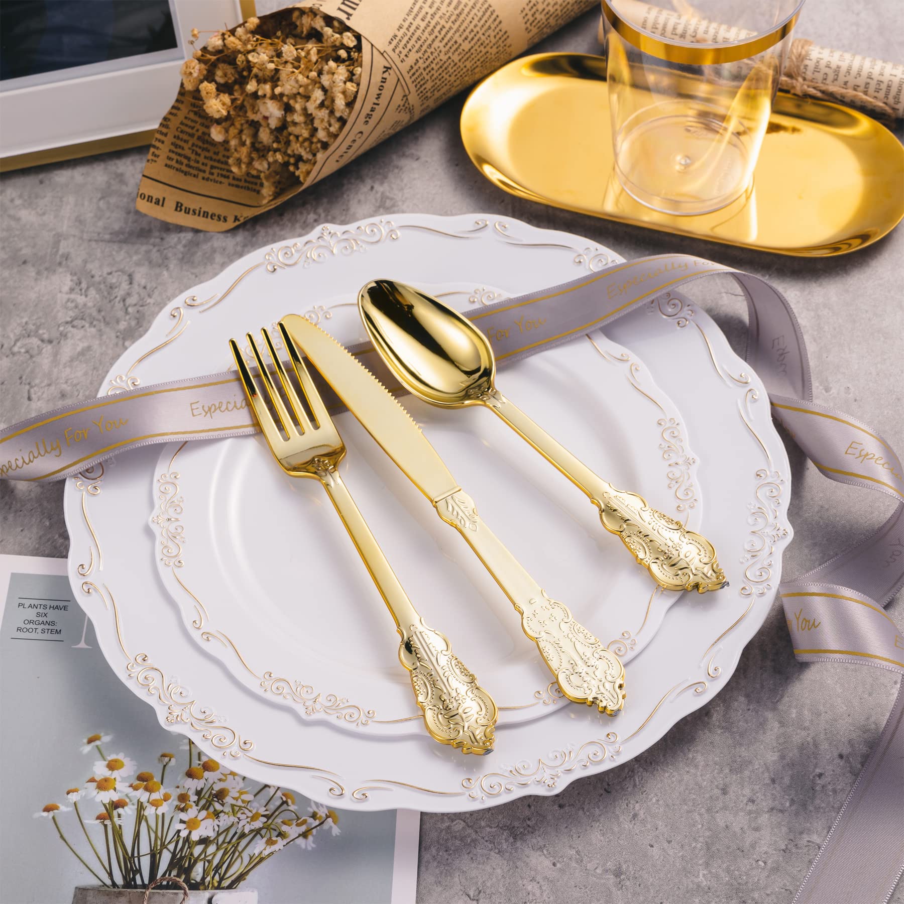 175-Piece Gold Plastic Dinnerware Set for 25 Guests - Includes 25 Dinner Plates, Dessert Plates, Paper Napkins, Cups & Gold Silverware Sets | Elegant Party & Wedding Tableware for Banquets, Bridal Showers & Special Events