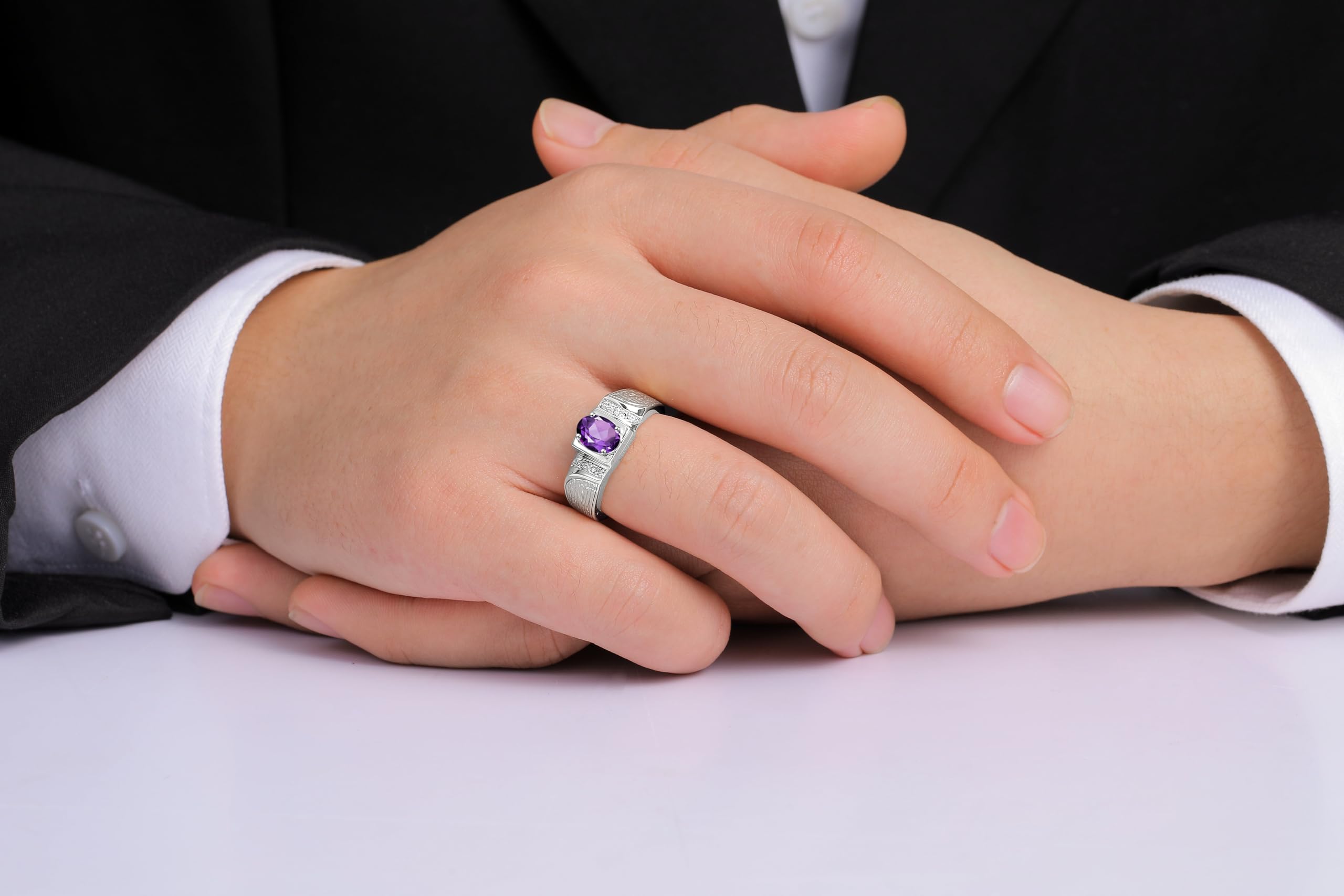 Rylos Sterling Silver Men's Ring with 8x6mm Oval Gemstone & Diamonds - Classic Designer Birthstone Ring for Men (Sizes 8-13) | Wedding, Anniversary, Birthday Gift Idea