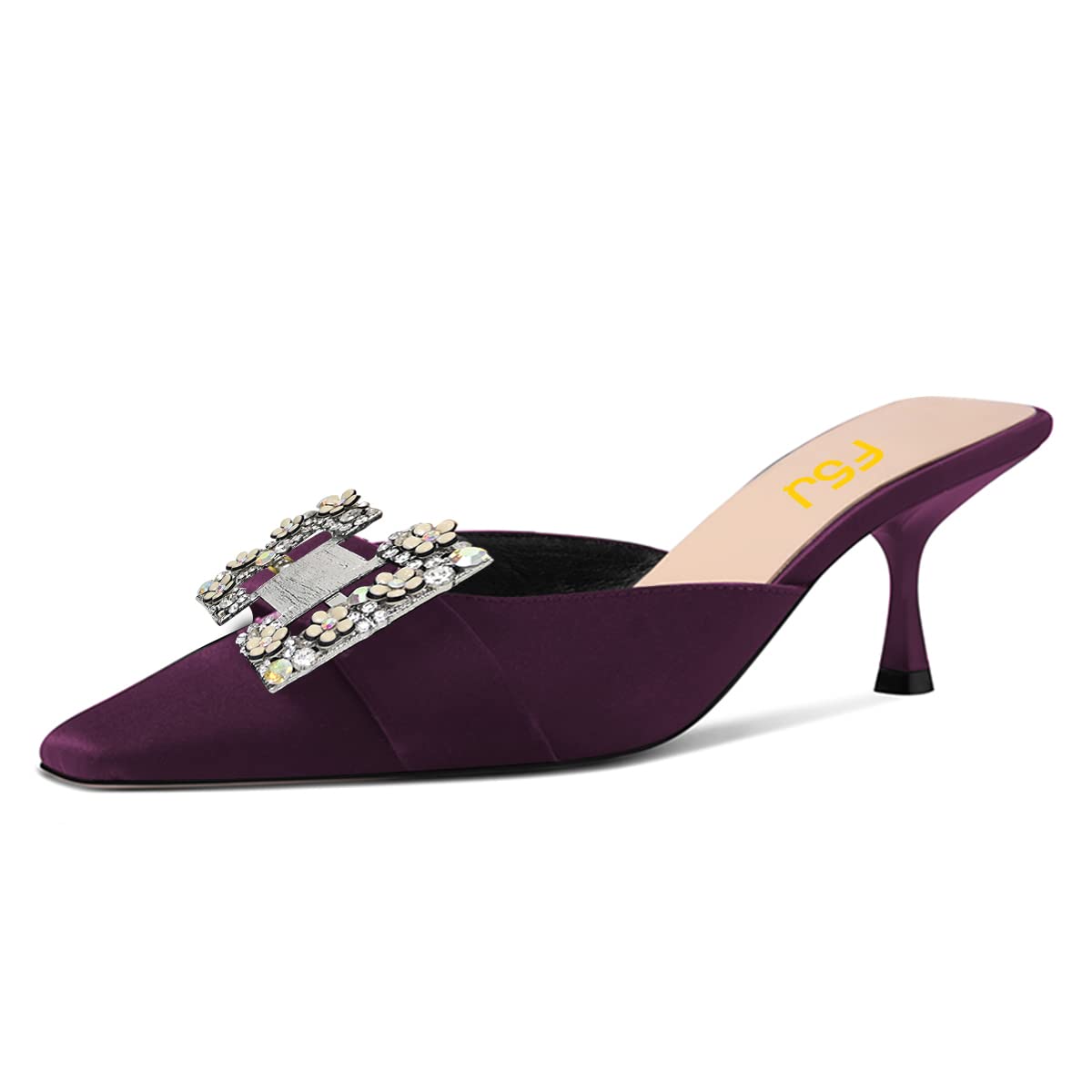 FSJ Women's Rhinestone Floral Square Toe Mule Sandals - Low Kitten Heel Slip On Slides with Metal Buckle, Backless Dressy Slippers for Evening Wear (US Size 4-15) | Perfect for Weddings, Parties & Summer Outfits