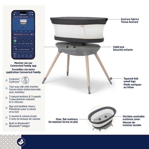 Maxi Cosi Starling Smart Bassinet - Auto-Rocking Baby Crib with Bluetooth & White Noise - Perfect for Nursery, Bedroom & Travel - Safe Sleep Solution for Newborns & Infants