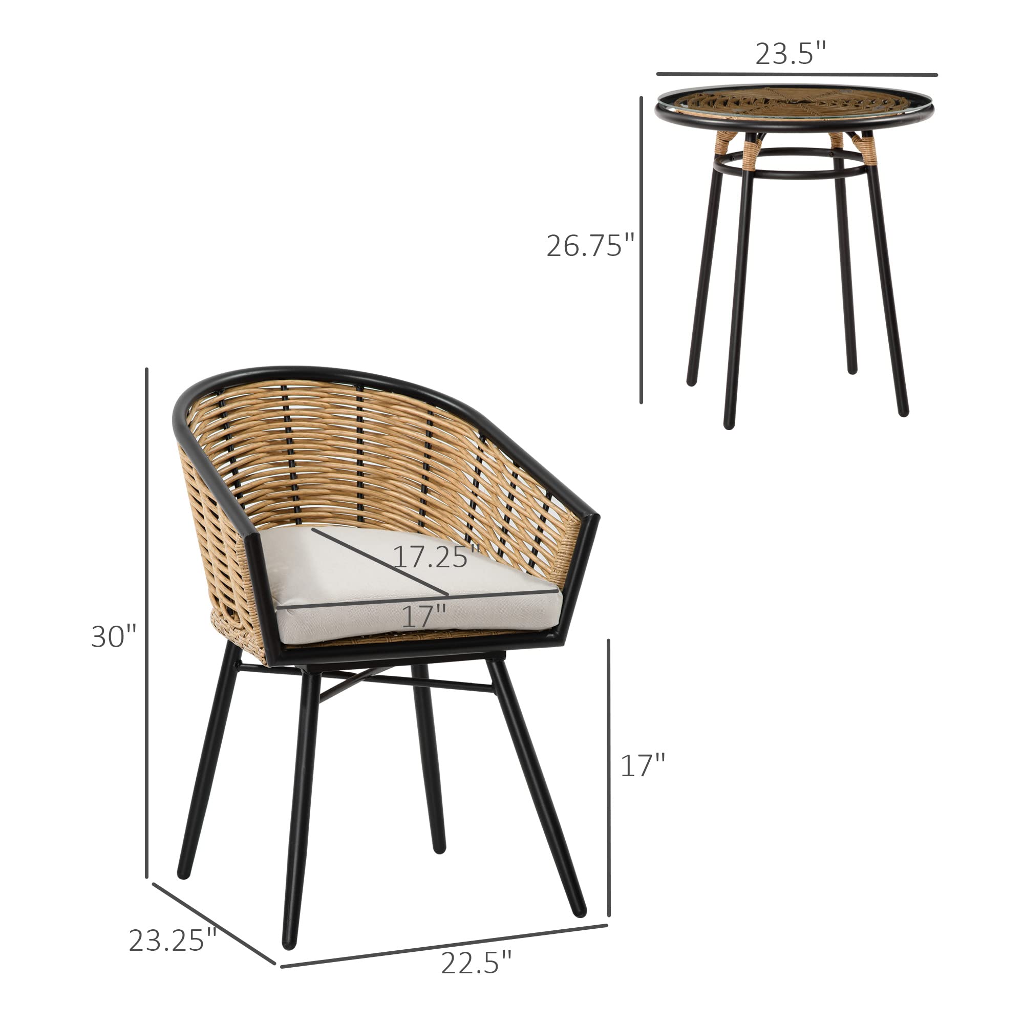 Outsunny 3-Piece Patio Set - PE Rattan Wicker Outdoor Bistro Table and Chairs with Cushions & Tempered Glass Top | Hand-Woven Barrel-Style Garden Furniture for Backyard, Porch, Poolside (Cream White) | Perfect for Outdoor Dining, Relaxing & Entertaining