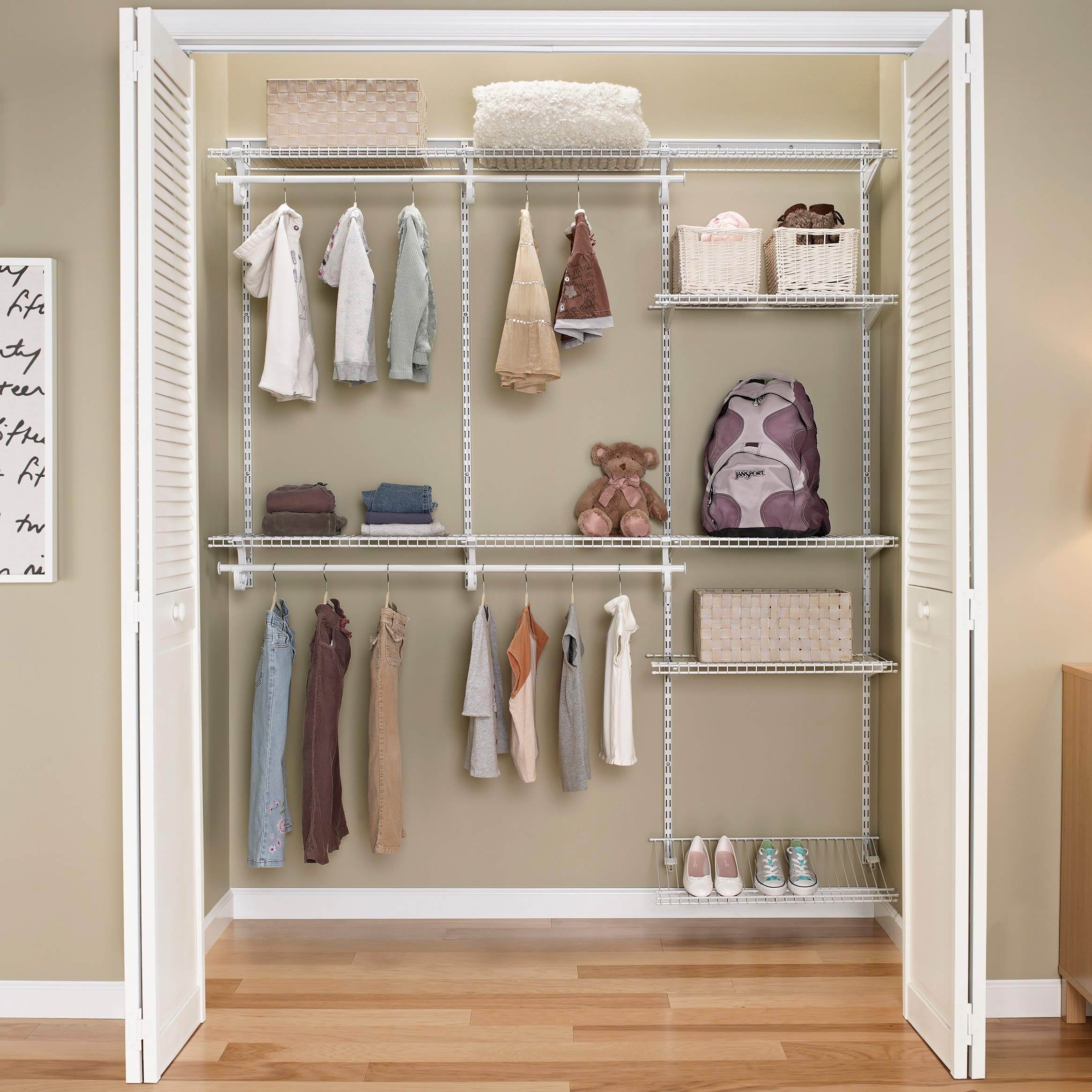 5ft to 8ft Adjustable White Wire Closet Organizer Kit with Shelves & Hardware - Perfect for Bedroom, Walk-in Closet, and Storage Room Organization