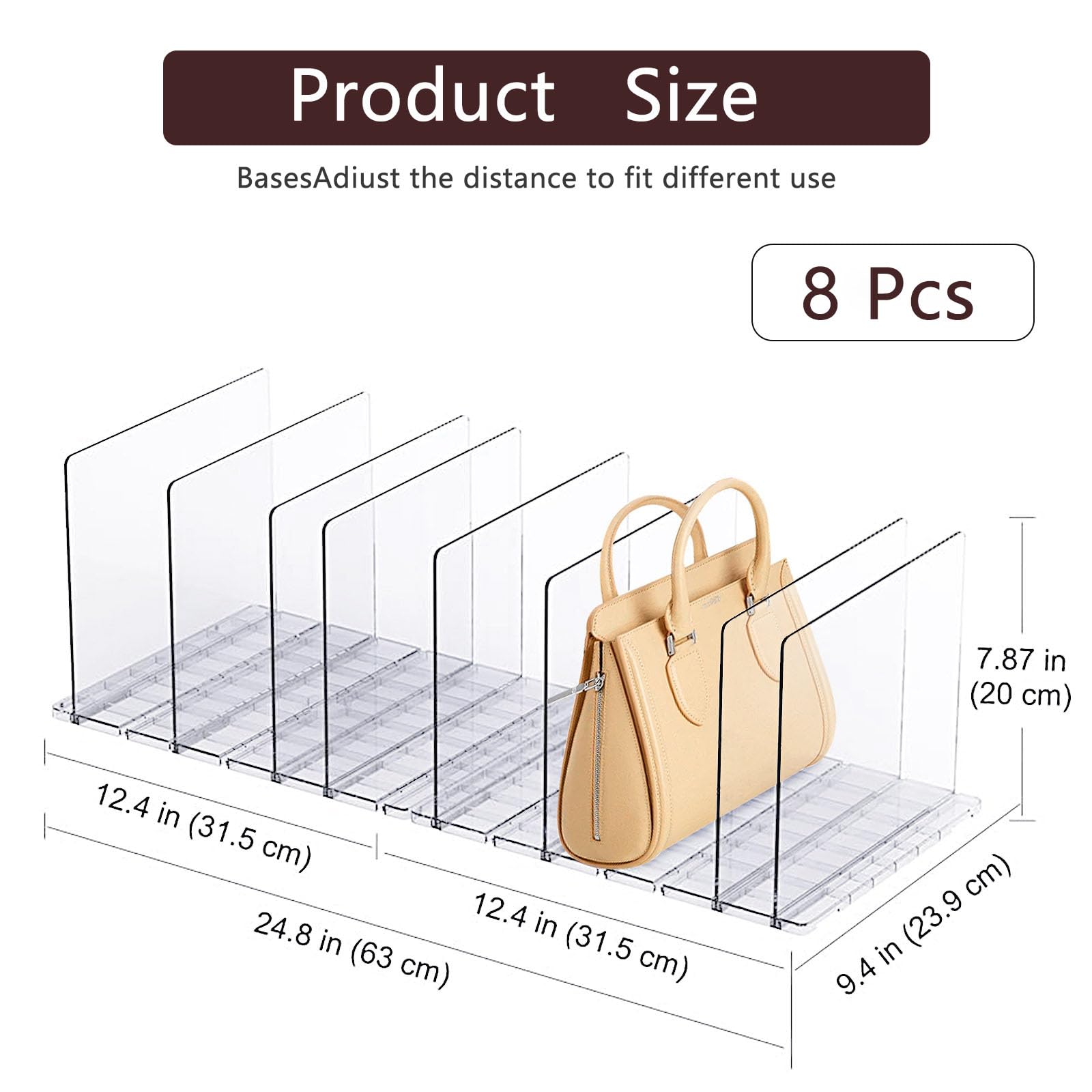 8 Pack Clear Plastic Purse Organizer Shelves - Adjustable Closet Divider for Handbags, Bags & Books - Perfect for Home, Bathroom, Bedroom & Kitchen Storage Organization