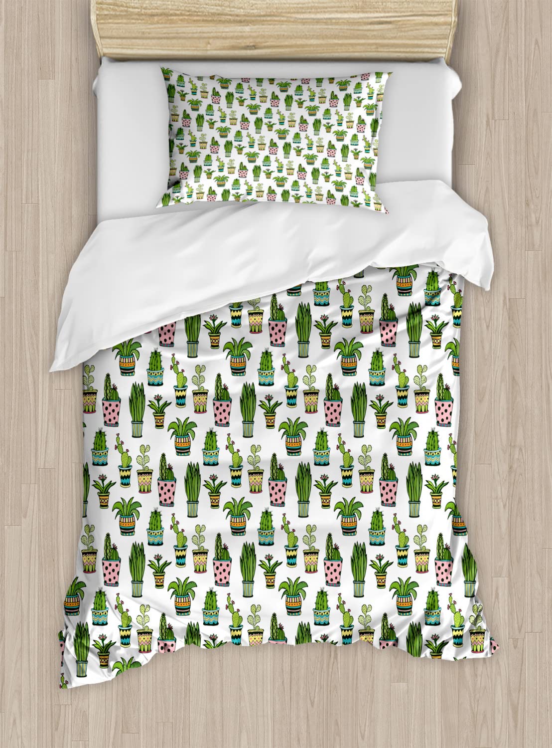 Ambesonne Cactus Duvet Cover Set - Colorful Succulent & Cactus Pattern Doodle Style with Flower Pots, 2-Piece Twin Size Bedding Set (2 Duvet Covers + 2 Pillowcases) - Perfect for Boho Bedroom Decor & Plant Lover's Home