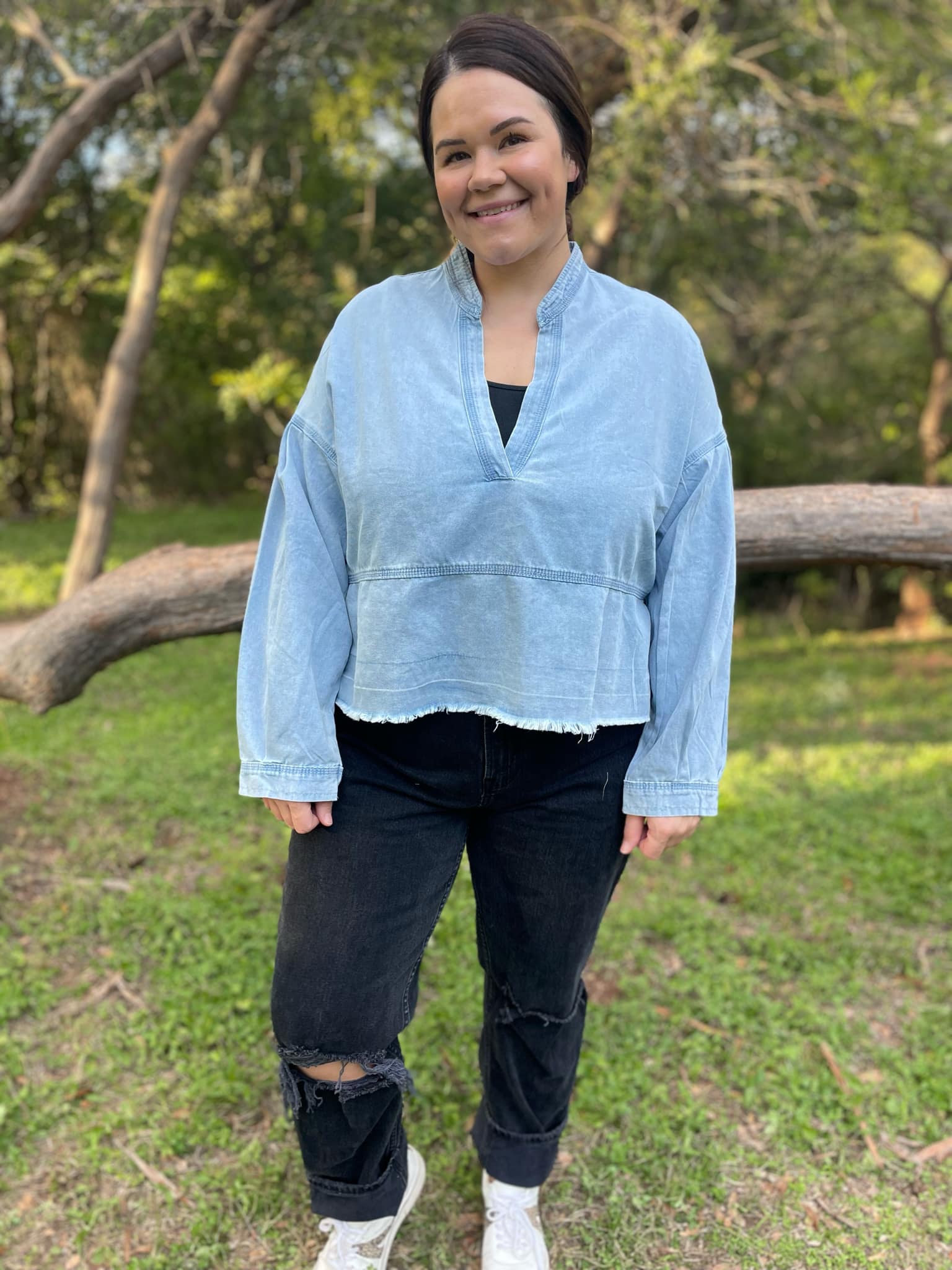PREORDER: Dylan Denim Blouse for Women - Stylish Button Down Shirt with Long Sleeves - Perfect for Casual Outfits, Office Wear & Date Nights