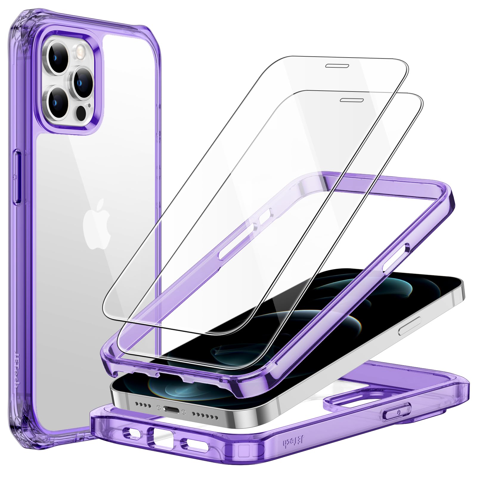 JETech iPhone 12 Pro Max Case 6.7 Inch with 2-Pack Tempered Glass Screen Protector - 360° Shockproof Bumper Cover, Clear Back Protective Phone Case (Purple) | Perfect for Outdoor Activities, Work & Daily Use